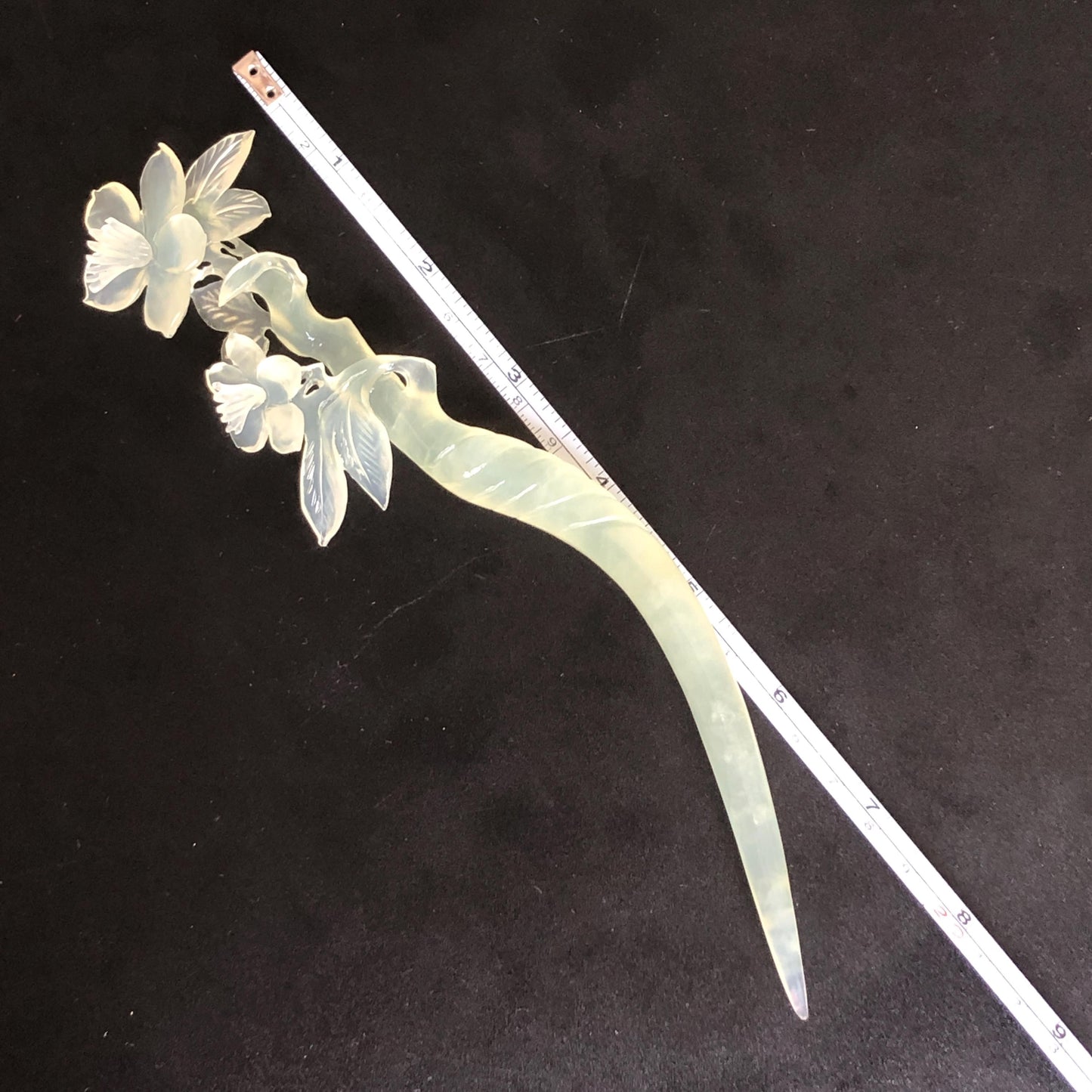 Certified Xiu Jade Serpentine Carved Lily Flower Hair Pin | Ice White Jade Hair Stick | Chinese Vintage Hanfu Antique Bridal Hair Fork Gift for her japanese hairpin korean hair stick chinese hair fork vintage hair comb antique hair pins hanfu hair stick bridal shower hair jewelry wedding headpiece bridal shower gift engagement hair accessory jade carving hand engraved jade hand carved flower jade hairpins untreated natural jade with certificate