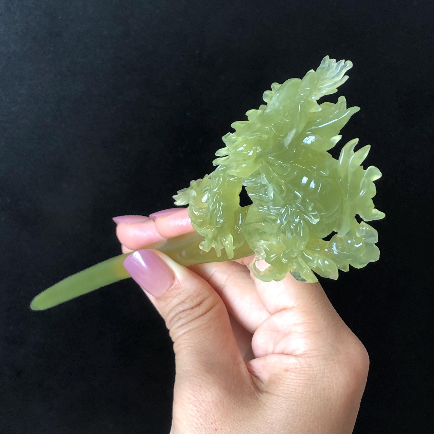Certified Natural Xiu Jade Serpentine Hand Carved Soaring Green Dragon Hair Pin | Ice Green Jade Hair Stick | Asian Vintage Hair Fork Gift for her japanese hairpin korean hair stick hanfu hair fork vintage hair comb antique hair pins dragon carving hand engraved dragon green jade carving hand carved dragon hair stick