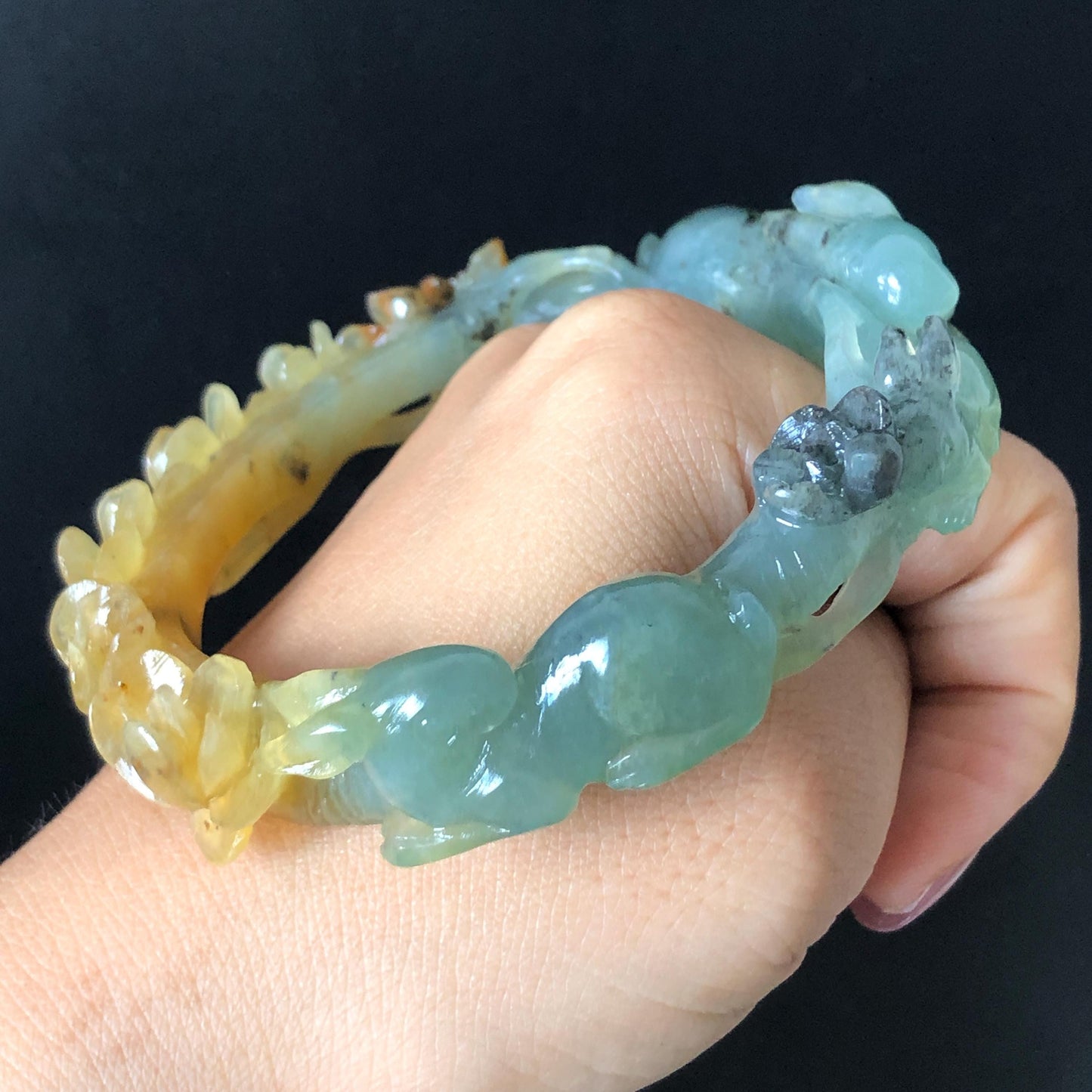 50mm-64mm Customised Size Natural Xiu Jade Serpentine Hand Carved rabbite bunny and flowers Bangle | Yellow Green Jade Personalized Tailor-made Bracelet make-to-order bangle hand engraved bracelet green jade yellow jade carving rabbit carving flower carving hand carved bunny carved jade bangle tailor made jade bracelet customized jade bangle certified natural untreated jade with certificate big size bangle small size bangle 60mm bangle green jade blue jade brown jade yellow jade POD bangle