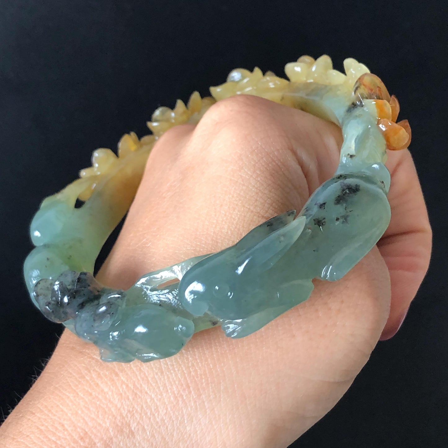 50mm-64mm Customised Size Natural Xiu Jade Serpentine Hand Carved rabbite bunny and flowers Bangle | Yellow Green Jade Personalized Tailor-made Bracelet make-to-order bangle hand engraved bracelet green jade yellow jade carving rabbit carving flower carving hand carved bunny carved jade bangle tailor made jade bracelet customized jade bangle certified natural untreated jade with certificate big size bangle small size bangle 60mm bangle green jade blue jade brown jade yellow jade POD bangle