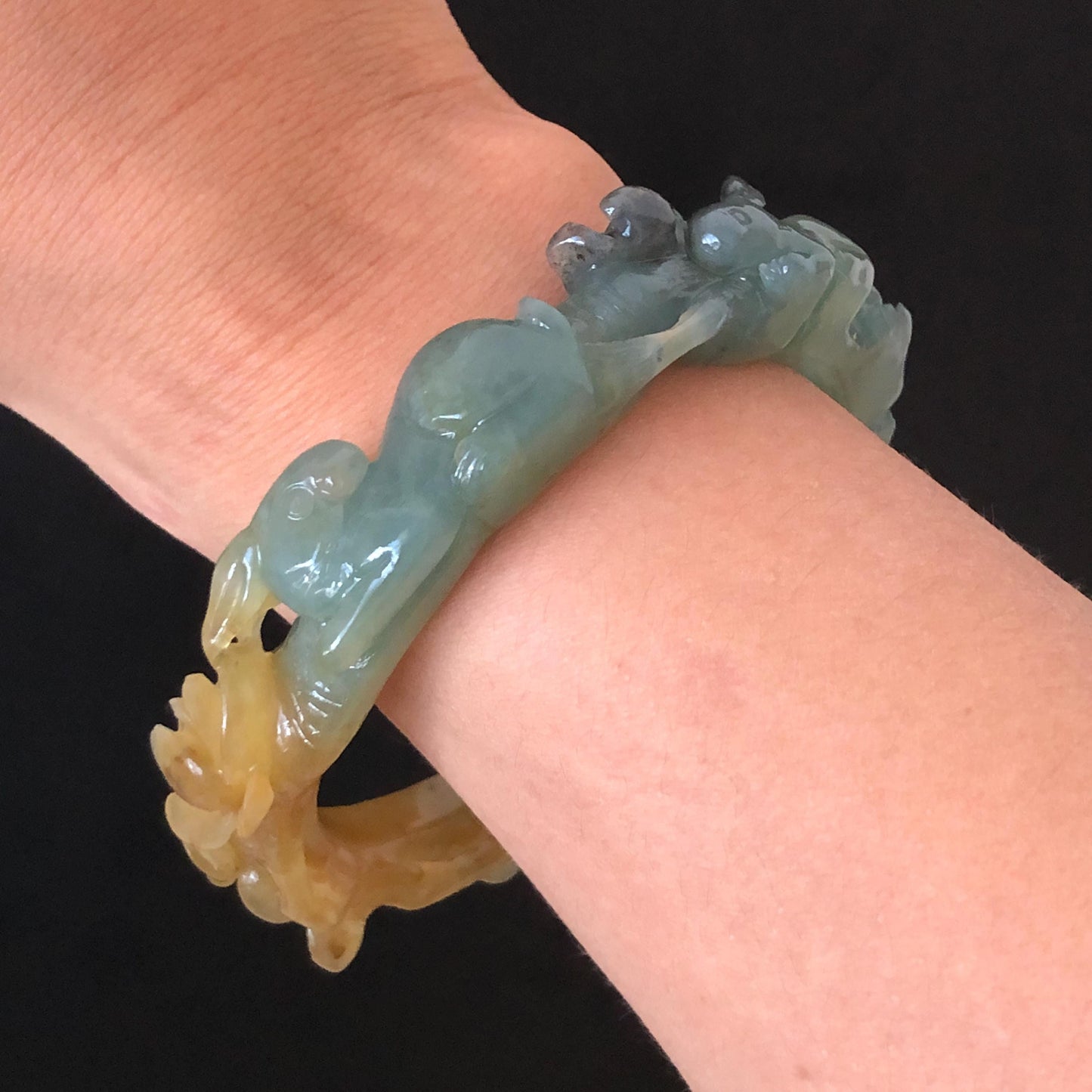 50mm-64mm Customised Size Natural Xiu Jade Serpentine Hand Carved rabbite bunny and flowers Bangle | Yellow Green Jade Personalized Tailor-made Bracelet make-to-order bangle hand engraved bracelet green jade yellow jade carving rabbit carving flower carving hand carved bunny carved jade bangle tailor made jade bracelet customized jade bangle certified natural untreated jade with certificate big size bangle small size bangle 60mm bangle green jade blue jade brown jade yellow jade POD bangle