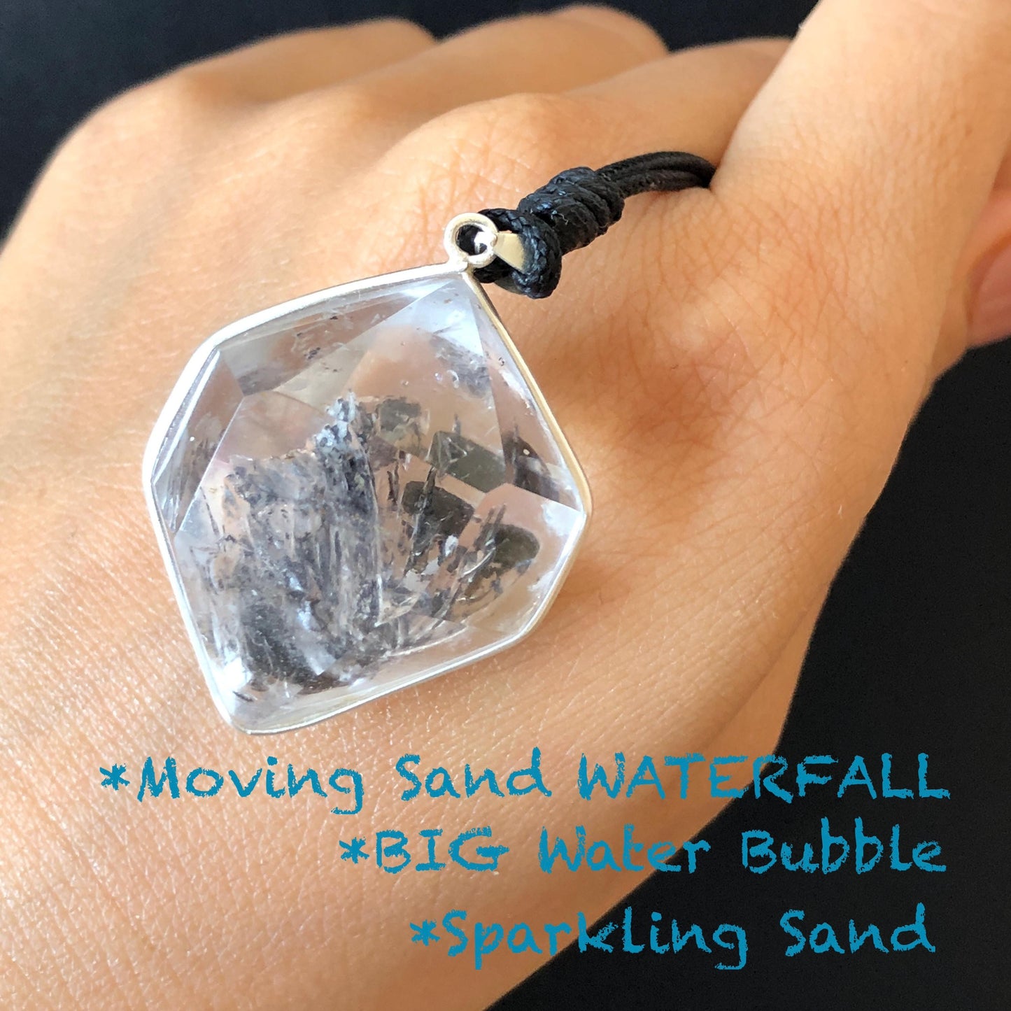 Rare Herkimer Diamond Sterling Silver Pendant Adjustable Necklace | Polished Enhydro Crystal | Multiple Moving Sand Waterfall & Big Bubble | Natural Gemstone Birthstone Gift for her | Multiple Moving Sand & Rainbow crystal enhydro quartz sand water-fall pendant necklace choker gemstone charm stone pendant choker irregular stone pendant huge crystal charm birthstone gift for her men necklace chakra crystal purify stone minerals specimen adjustable choker