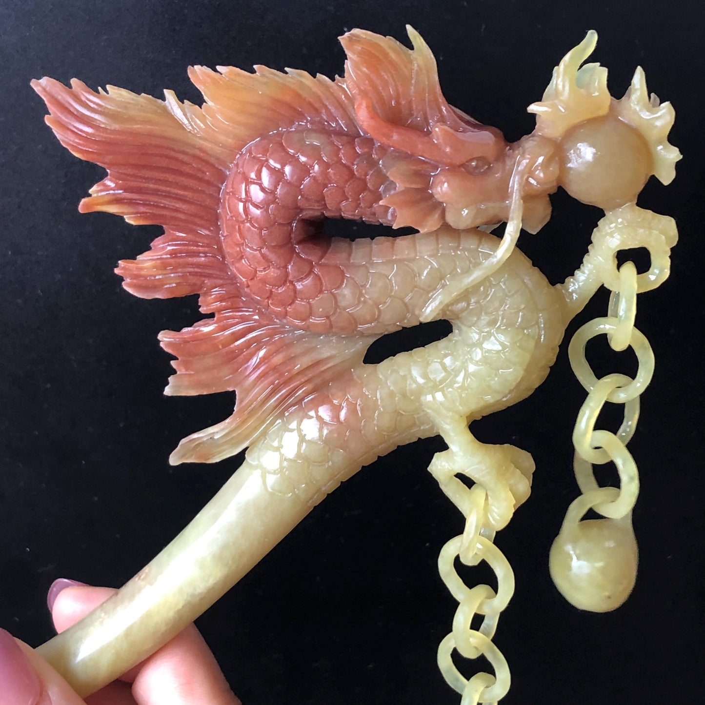 Certified Natural Xiu Jade Serpentine Hand Carved Soaring Golden Fire Dragon Hair Pin with Dangle | Gold Red Jade Hair Stick | Asian Vintage Hair Fork Gift for her japanese hairpin korean hair stick hanfu hair fork vintage hair comb antique hair pins dragon carving hand engraved dragon red jade gold jade yellow jade carving hand carved dragon hair stick fire dragon golden dragon wedding headpiece bridal hair jewelry engagement hair accessory antique hair fork