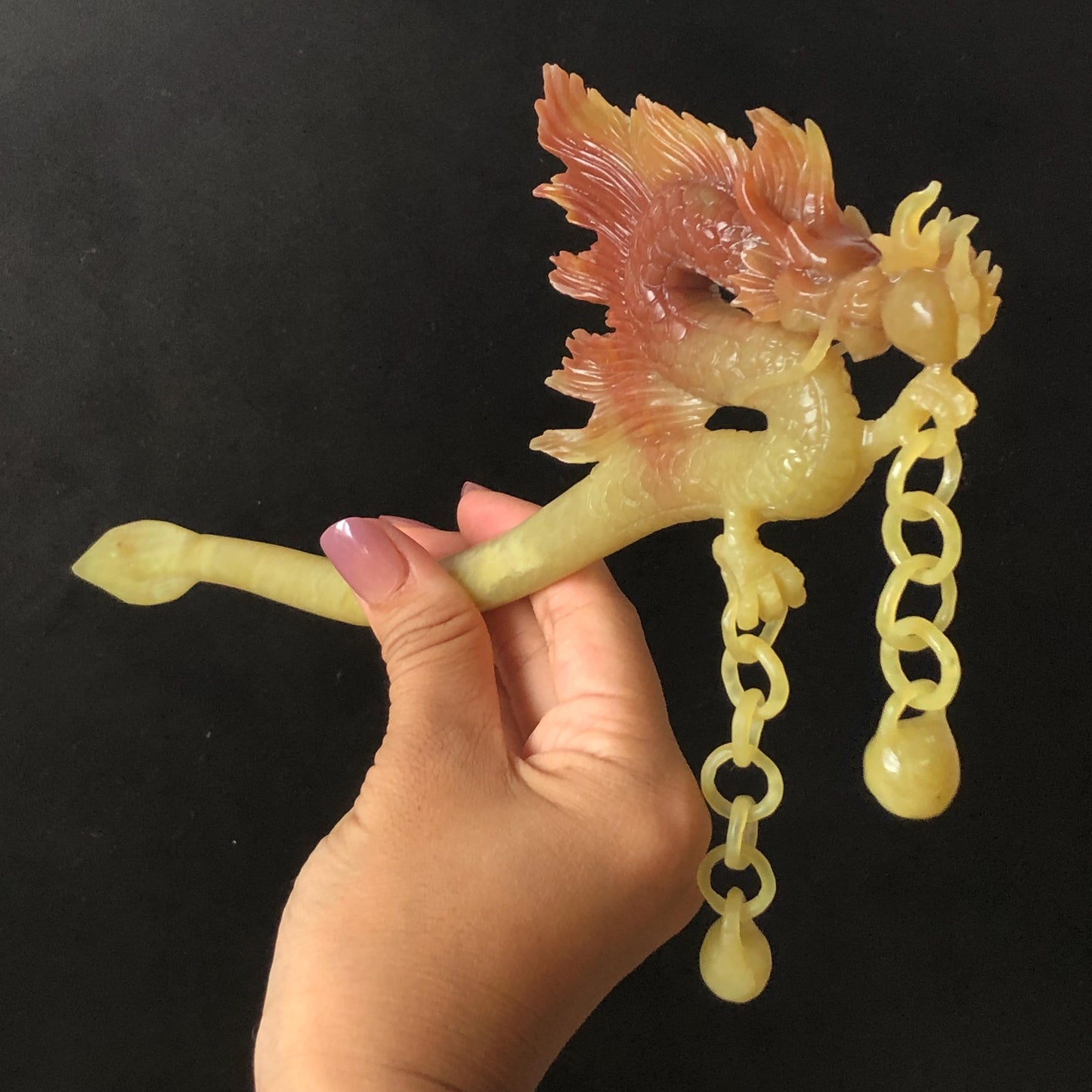 Certified Natural Xiu Jade Serpentine Hand Carved Soaring Golden Fire Dragon Hair Pin with Dangle | Gold Red Jade Hair Stick | Asian Vintage Hair Fork Gift for her japanese hairpin korean hair stick hanfu hair fork vintage hair comb antique hair pins dragon carving hand engraved dragon red jade gold jade yellow jade carving hand carved dragon hair stick fire dragon golden dragon wedding headpiece bridal hair jewelry engagement hair accessory antique hair fork