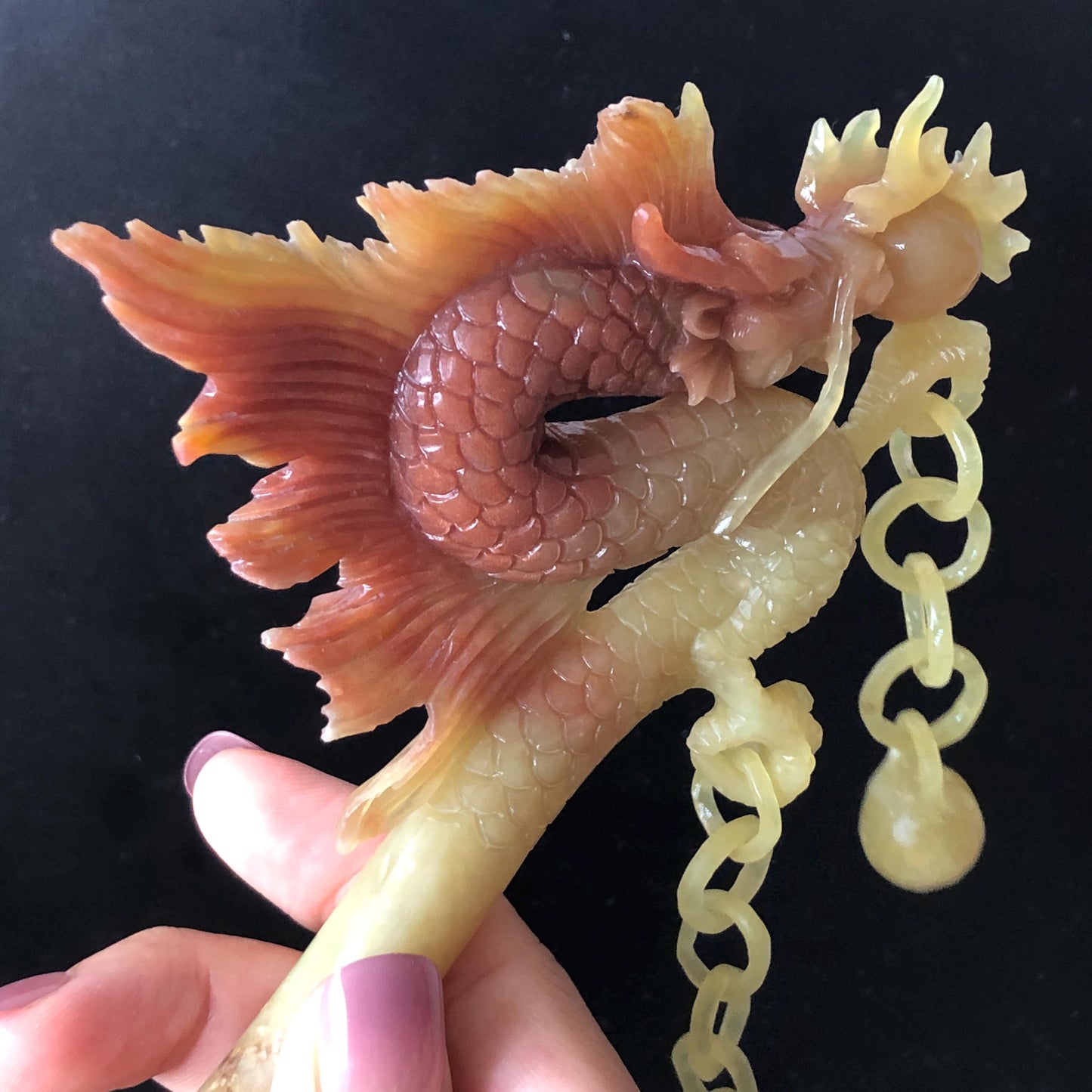 Certified Natural Xiu Jade Serpentine Hand Carved Soaring Golden Fire Dragon Hair Pin with Dangle | Gold Red Jade Hair Stick | Asian Vintage Hair Fork Gift for her japanese hairpin korean hair stick hanfu hair fork vintage hair comb antique hair pins dragon carving hand engraved dragon red jade gold jade yellow jade carving hand carved dragon hair stick fire dragon golden dragon wedding headpiece bridal hair jewelry engagement hair accessory antique hair fork