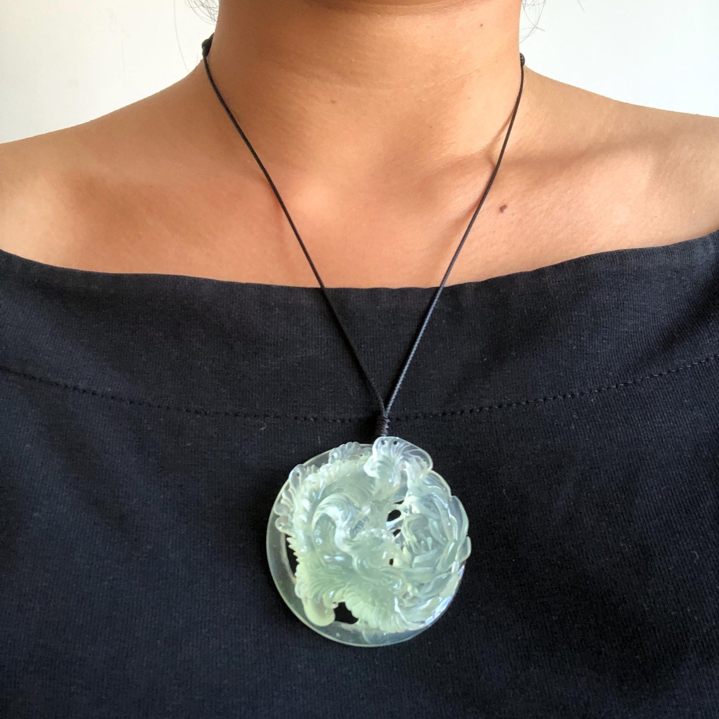 Xiu Jade Serpentine Hand Carved Phoenix & Peony Pendant Adjustable Necklace | Certified Natural Icy White Jade | Engraved Stone Crystal Gift for her hand engraved stone pendant jade carving phoenix carving peony carving carved jade charm adjustable necklace untreated jade with certificate choker necklace handcraft jade stone carving crystal carving engraved gemstone