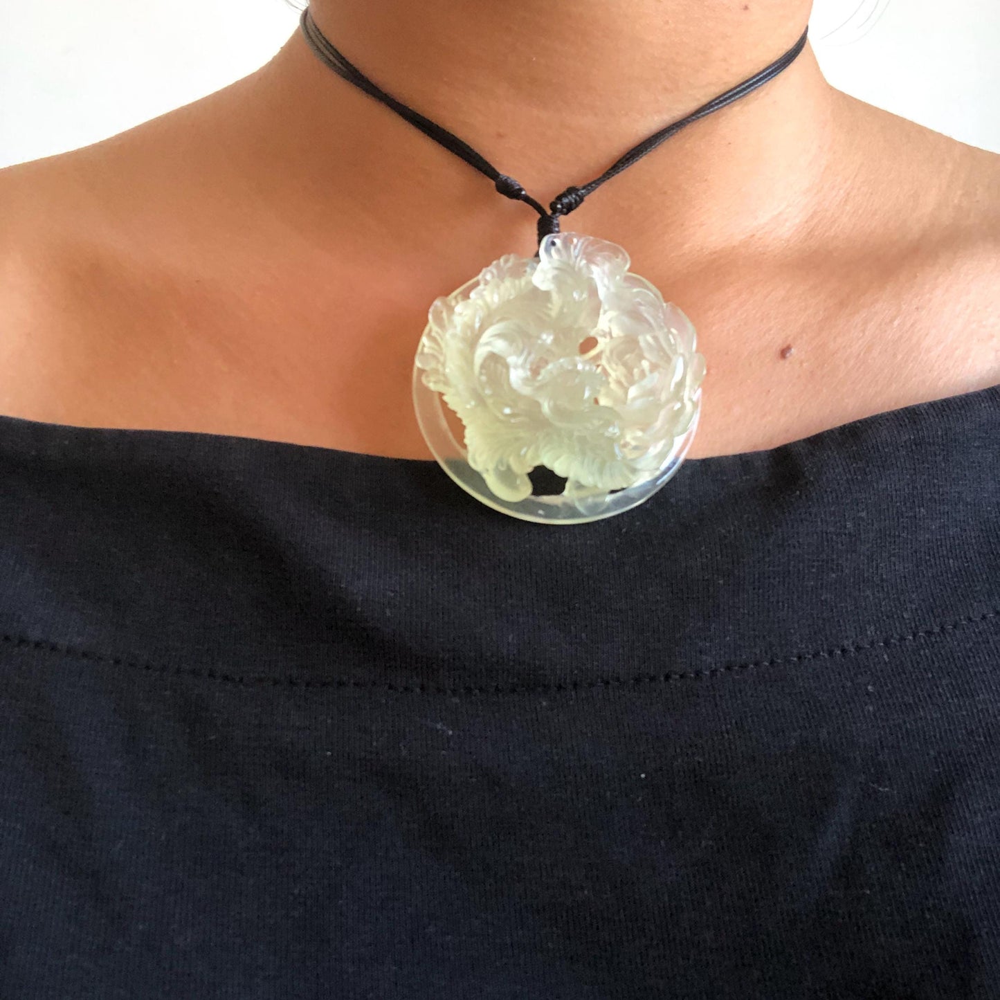 Xiu Jade Serpentine Hand Carved Phoenix & Peony Pendant Adjustable Necklace | Certified Natural Icy White Jade | Engraved Stone Crystal Gift for her hand engraved stone pendant jade carving phoenix carving peony carving carved jade charm adjustable necklace untreated jade with certificate choker necklace handcraft jade stone carving crystal carving engraved gemstone