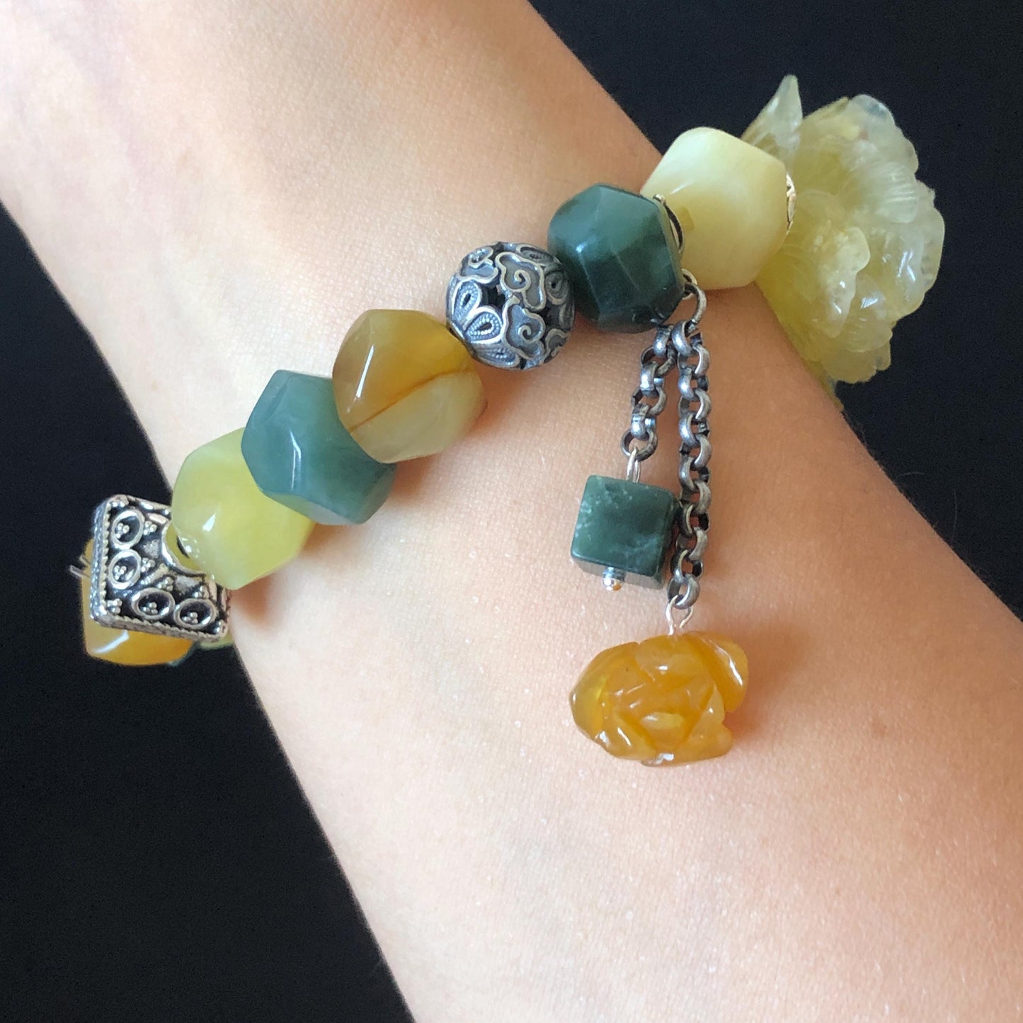 Xiu Jade Serpentine Hand Carved Phoenix & Peony Flower Charm with Irregular Bead Bracelet | Certified Natural Multi-coloured Jade | Vintage Tibetan Silver | Crystal Stone Gemstone Gift for her customised bracelet hand engraved jade bracelet hand carved bracelet carved charm carved pendant phoenix carving peony bracelet yellow jade green jade blue jade white jade silver bracelet tailor made bracelet personalised bracelet diy bracelet natural untreated jade elastic stretch bracelet with dangle