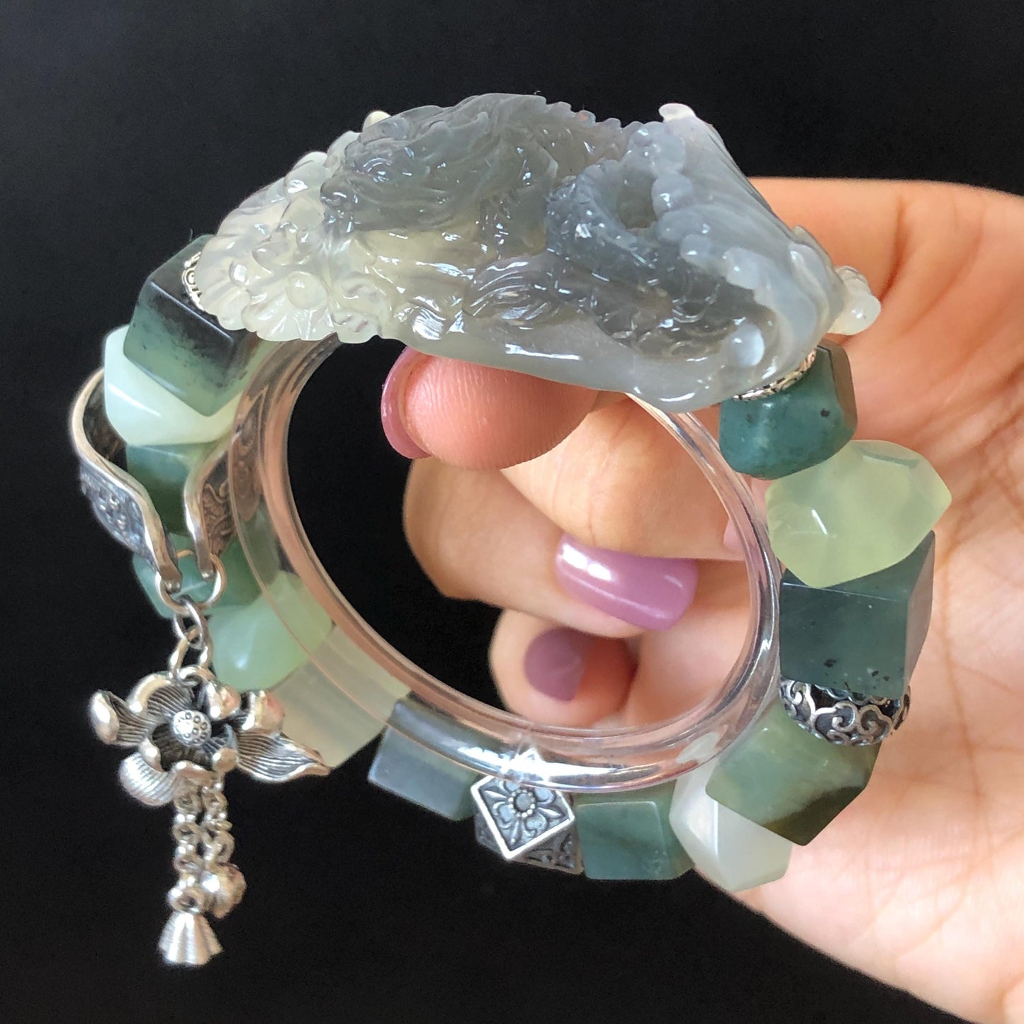 Xiu Jade Serpentine Hand Carved Sea Dragon Charm Irregular Bead Bracelet | Natural Ice Gray White Jade | Vintage Tibetan Silver | Personalized Gift for her elastic stretch bracelet jade carving hand engraved gray jade grey jade white jade green jade hand engraved jade bracelet hand carved jade charm hand engraved jade pendant irregular bead bracelet big beaded bracelet dangle bracelet silver accessory vintage bracelet antique bracelet dragon carving engraved dragon tailor made customized gift