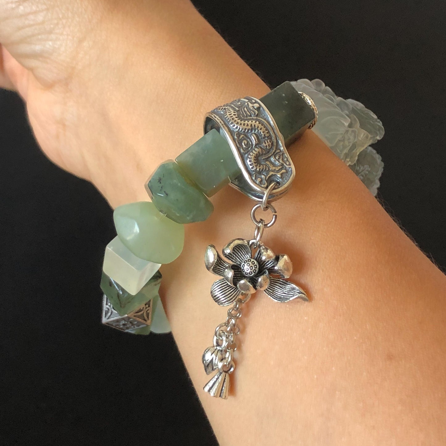 Xiu Jade Serpentine Hand Carved Sea Dragon Charm Irregular Bead Bracelet | Natural Ice Gray White Jade | Vintage Tibetan Silver | Personalized Gift for her elastic stretch bracelet jade carving hand engraved gray jade grey jade white jade green jade hand engraved jade bracelet hand carved jade charm hand engraved jade pendant irregular bead bracelet big beaded bracelet dangle bracelet silver accessory vintage bracelet antique bracelet dragon carving engraved dragon tailor made customized gift