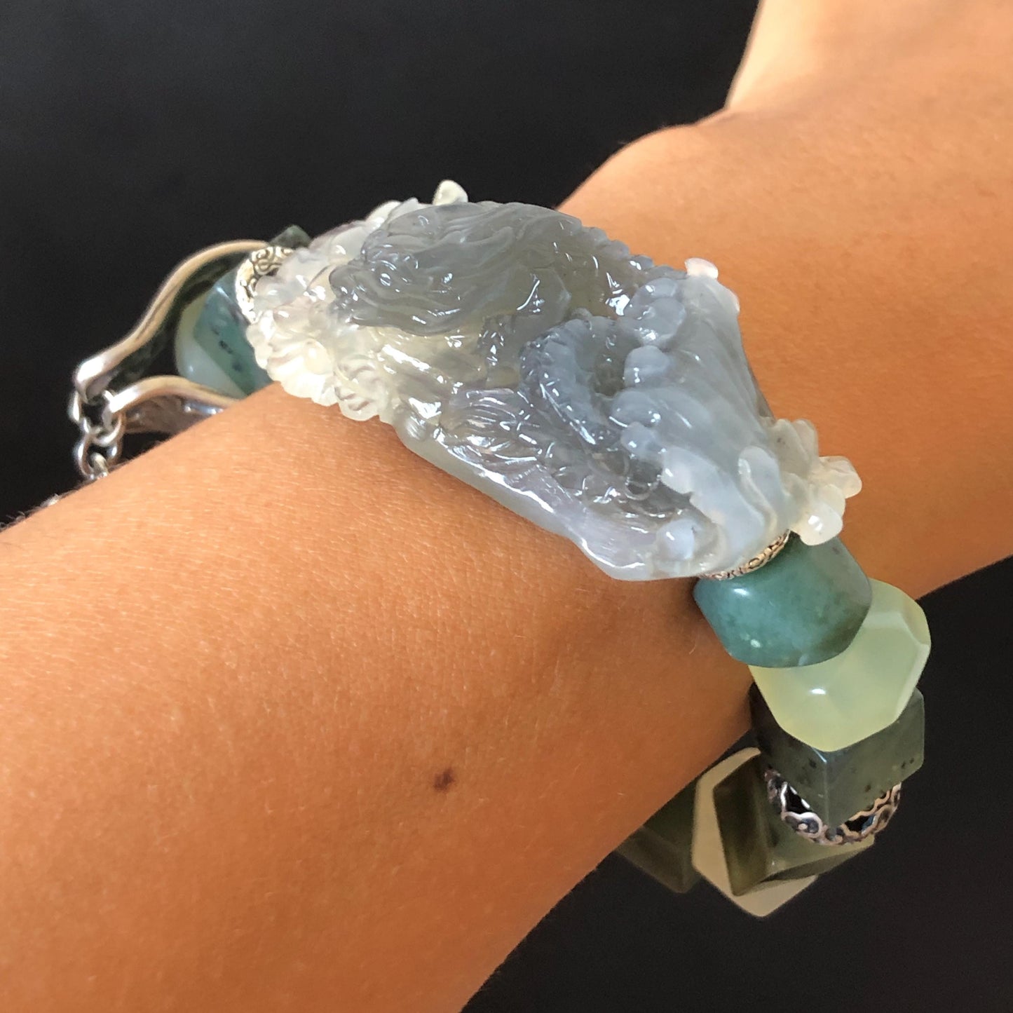 Xiu Jade Serpentine Hand Carved Sea Dragon Charm Irregular Bead Bracelet | Natural Ice Gray White Jade | Vintage Tibetan Silver | Personalized Gift for her elastic stretch bracelet jade carving hand engraved gray jade grey jade white jade green jade hand engraved jade bracelet hand carved jade charm hand engraved jade pendant irregular bead bracelet big beaded bracelet dangle bracelet silver accessory vintage bracelet antique bracelet dragon carving engraved dragon tailor made customized gift