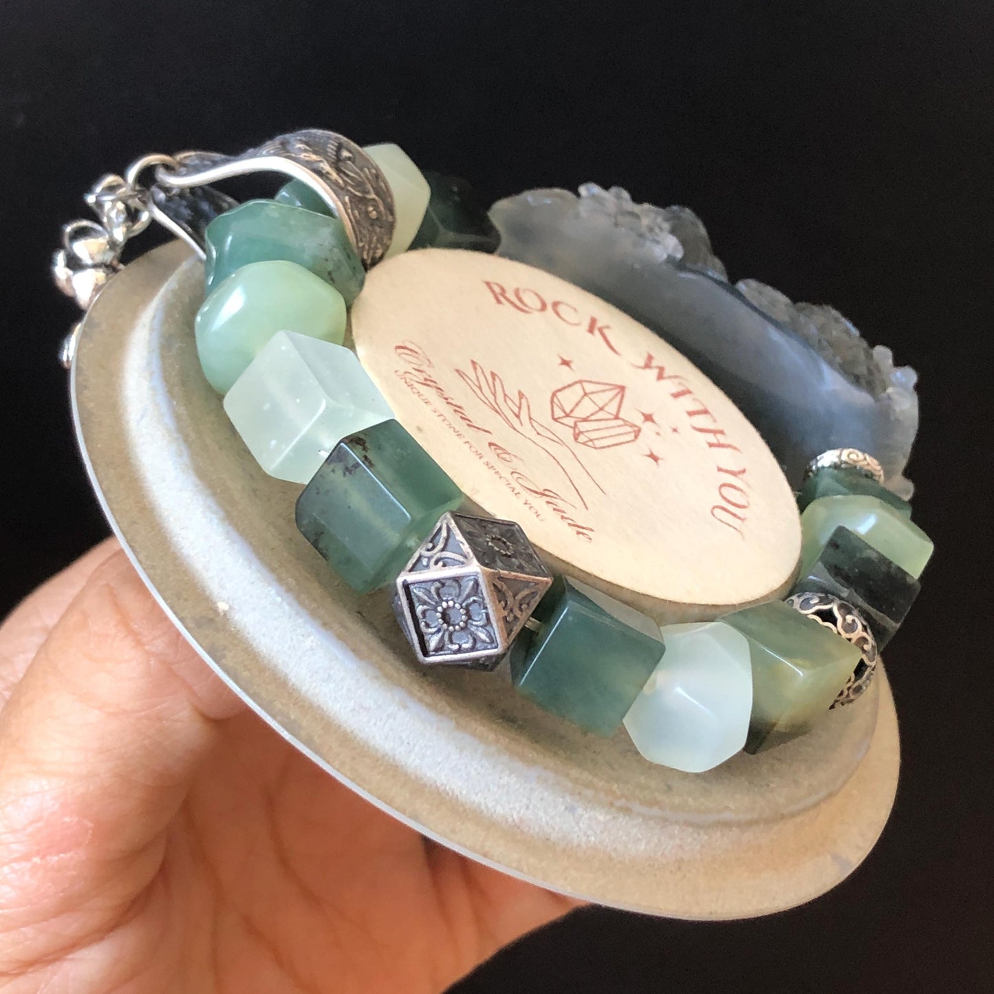 Xiu Jade Serpentine Carved Sea Dragon Charm Irregular Bead Bracelet | Natural Gray White Jade | Vintage Tibetan Silver | Personalized Gift