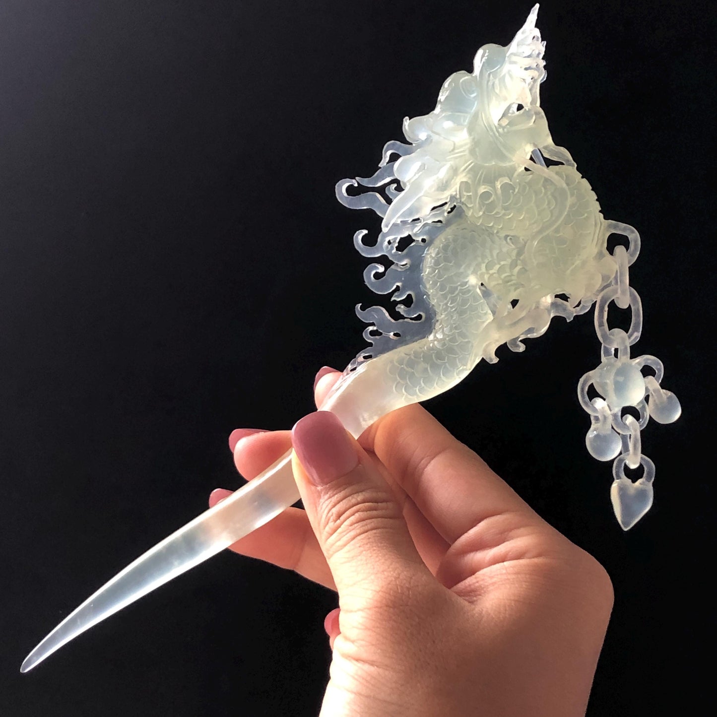 Certified Natural Xiu Jade Serpentine Hand Carved Soaring Green Dragon Hair Pin | Ice white Jade Hair Stick | Asian Vintage Hair Fork Gift for her japanese hairpin korean hair stick hanfu hair fork vintage hair comb antique hair pins dragon carving hand engraved dragon white jade carving hand carved dragon hair stick tassel wedding headpiece bridal shower gift bridal hair clip ice dragon hair stick