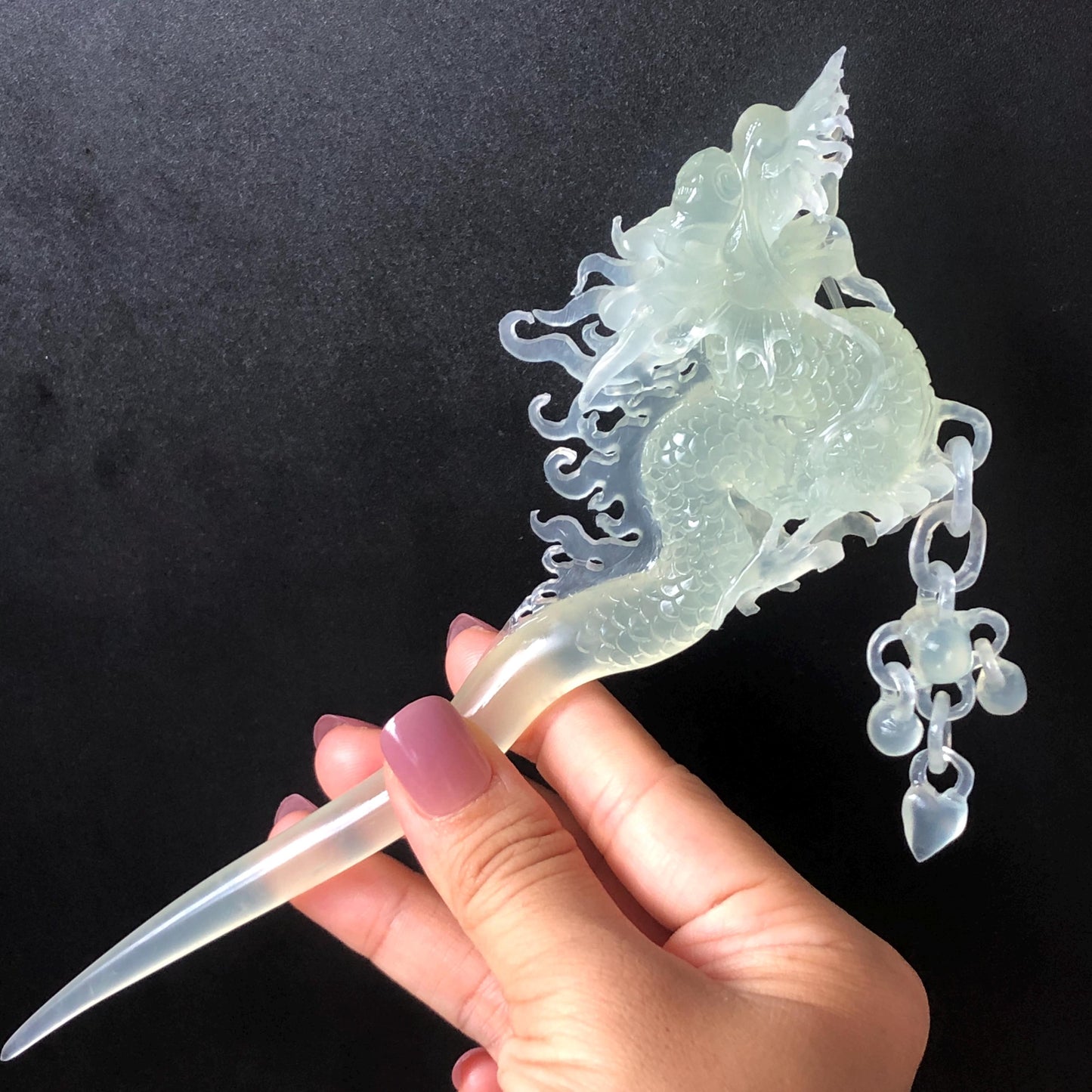 Certified Natural Xiu Jade Serpentine Hand Carved Soaring Green Dragon Hair Pin | Ice white Jade Hair Stick | Asian Vintage Hair Fork Gift for her japanese hairpin korean hair stick hanfu hair fork vintage hair comb antique hair pins dragon carving hand engraved dragon white jade carving hand carved dragon hair stick tassel wedding headpiece bridal shower gift bridal hair clip ice dragon hair stick