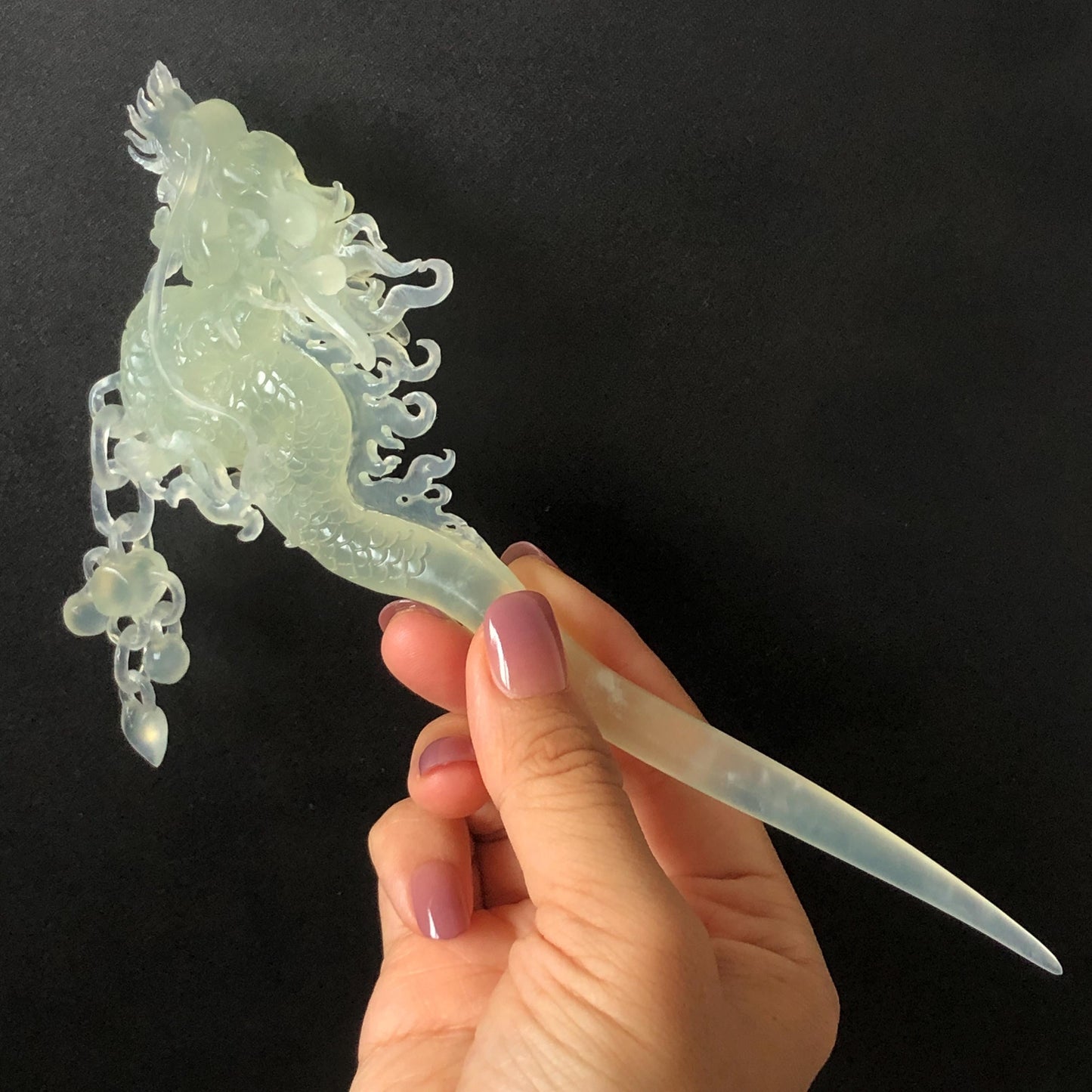 Certified Natural Xiu Jade Serpentine Hand Carved Soaring Green Dragon Hair Pin | Ice white Jade Hair Stick | Asian Vintage Hair Fork Gift for her japanese hairpin korean hair stick hanfu hair fork vintage hair comb antique hair pins dragon carving hand engraved dragon white jade carving hand carved dragon hair stick tassel wedding headpiece bridal shower gift bridal hair clip ice dragon hair stick