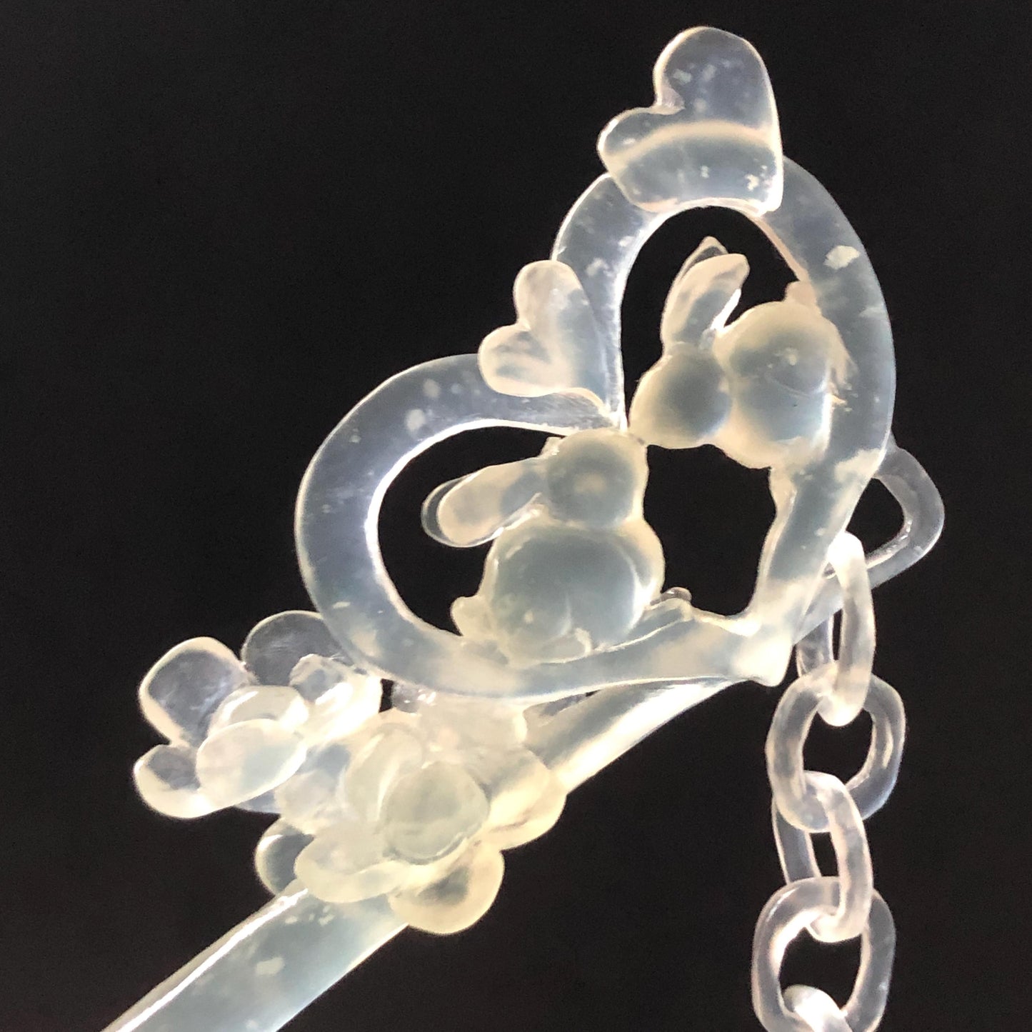 Xiu Jade Serpentine Hand Carved Bunny Hair Pin with Dangle | Rabbits in Love | Certified Icy White Jade Hair Stick | Asian Chinese Vintage Hair Fork gift for her hand engraved white jade carving koren hair stick japanese hair pin hanfu hair comb chinese hair clip hand engraved rabbit carving hand carved bunny carving carved moon carving icy chinese jade vinatge hair stick rabbit carving chinese hair stick antique hairpins natural untreated jade with certificate stone carving hair jewelry