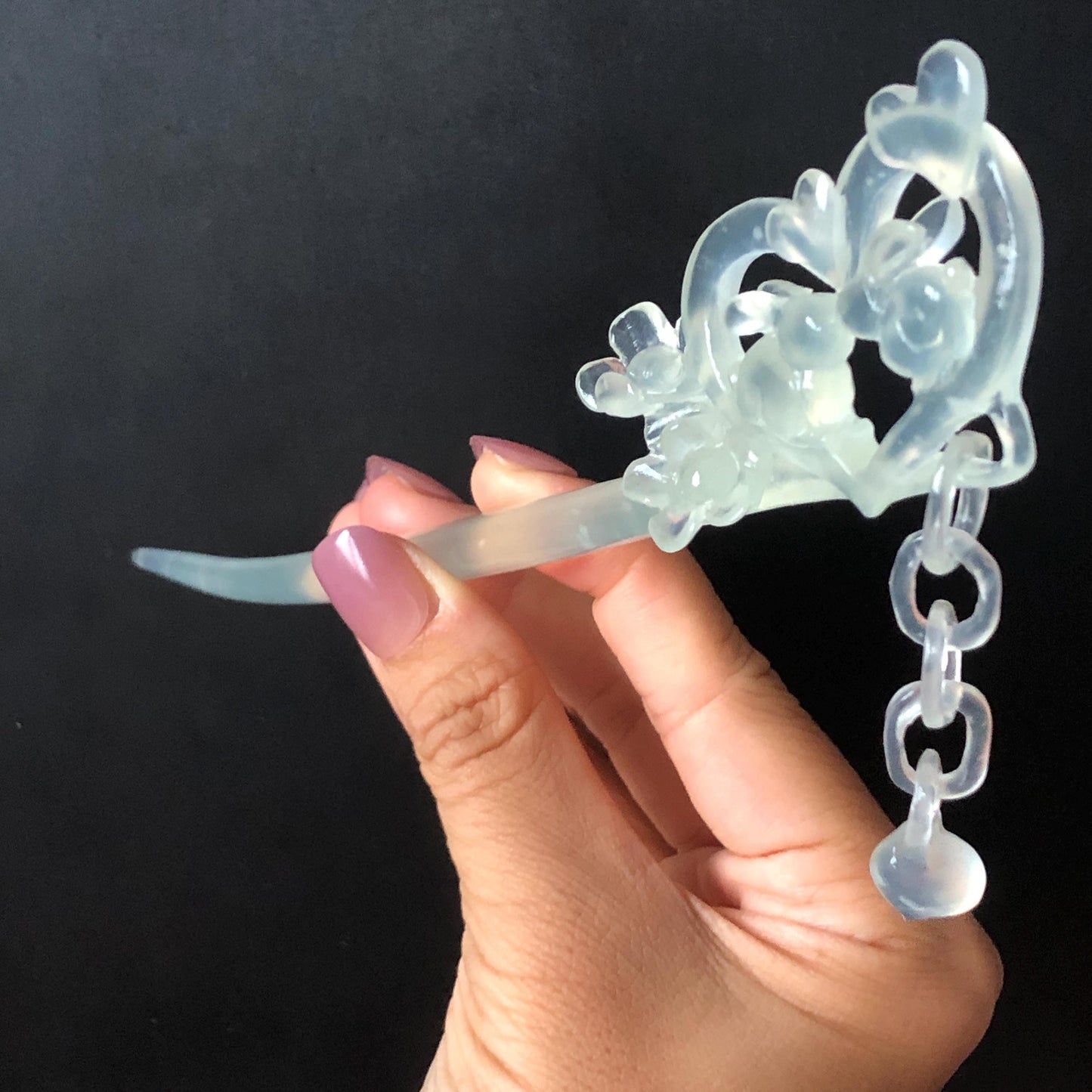 Xiu Jade Serpentine Hand Carved Bunny Hair Pin with Dangle | Rabbits in Love | Certified Icy White Jade Hair Stick | Asian Chinese Vintage Hair Fork gift for her hand engraved white jade carving koren hair stick japanese hair pin hanfu hair comb chinese hair clip hand engraved rabbit carving hand carved bunny carving carved moon carving icy chinese jade vinatge hair stick rabbit carving chinese hair stick antique hairpins natural untreated jade with certificate stone carving hair jewelry