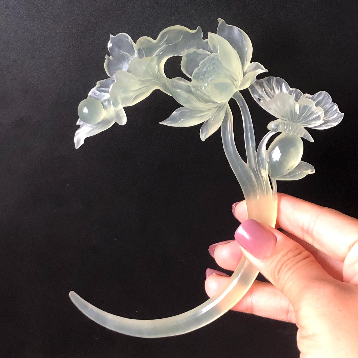 Natural Xiu Jade Serpentine Hand Carved Lotus & Butterfly Hair Pin | Certified Ice Green Crescent Moon Jade Hair Stick | Chinese Hanfu Hair Fork Vintage Bridal Hair Fork Gift for her japanese hairpin korean hair stick chinese hair fork vintage hair comb antique hair pins hanfu hair stick bridal shower hair jewelry wedding headpiece bridal shower gift engagement hair accessory jade carving hand engraved jade lotus carving jade hairpins untreated natural jade with certificate butterfly carving