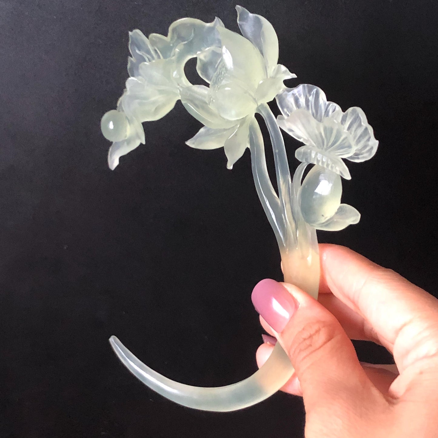 Natural Xiu Jade Serpentine Hand Carved Lotus & Butterfly Hair Pin | Certified Ice Green Crescent Moon Jade Hair Stick | Chinese Hanfu Hair Fork Vintage Bridal Hair Fork Gift for her japanese hairpin korean hair stick chinese hair fork vintage hair comb antique hair pins hanfu hair stick bridal shower hair jewelry wedding headpiece bridal shower gift engagement hair accessory jade carving hand engraved jade lotus carving jade hairpins untreated natural jade with certificate butterfly carving