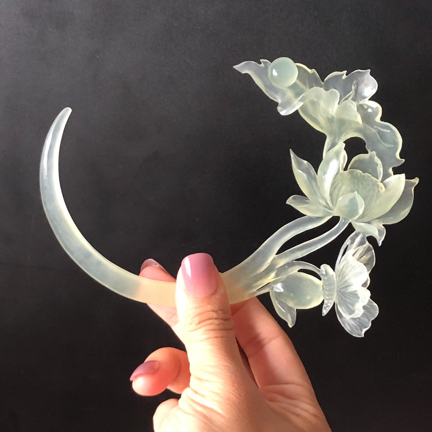Natural Xiu Jade Serpentine Hand Carved Lotus & Butterfly Hair Pin | Certified Ice Green Crescent Moon Jade Hair Stick | Chinese Hanfu Hair Fork Vintage Bridal Hair Fork Gift for her japanese hairpin korean hair stick chinese hair fork vintage hair comb antique hair pins hanfu hair stick bridal shower hair jewelry wedding headpiece bridal shower gift engagement hair accessory jade carving hand engraved jade lotus carving jade hairpins untreated natural jade with certificate butterfly carving