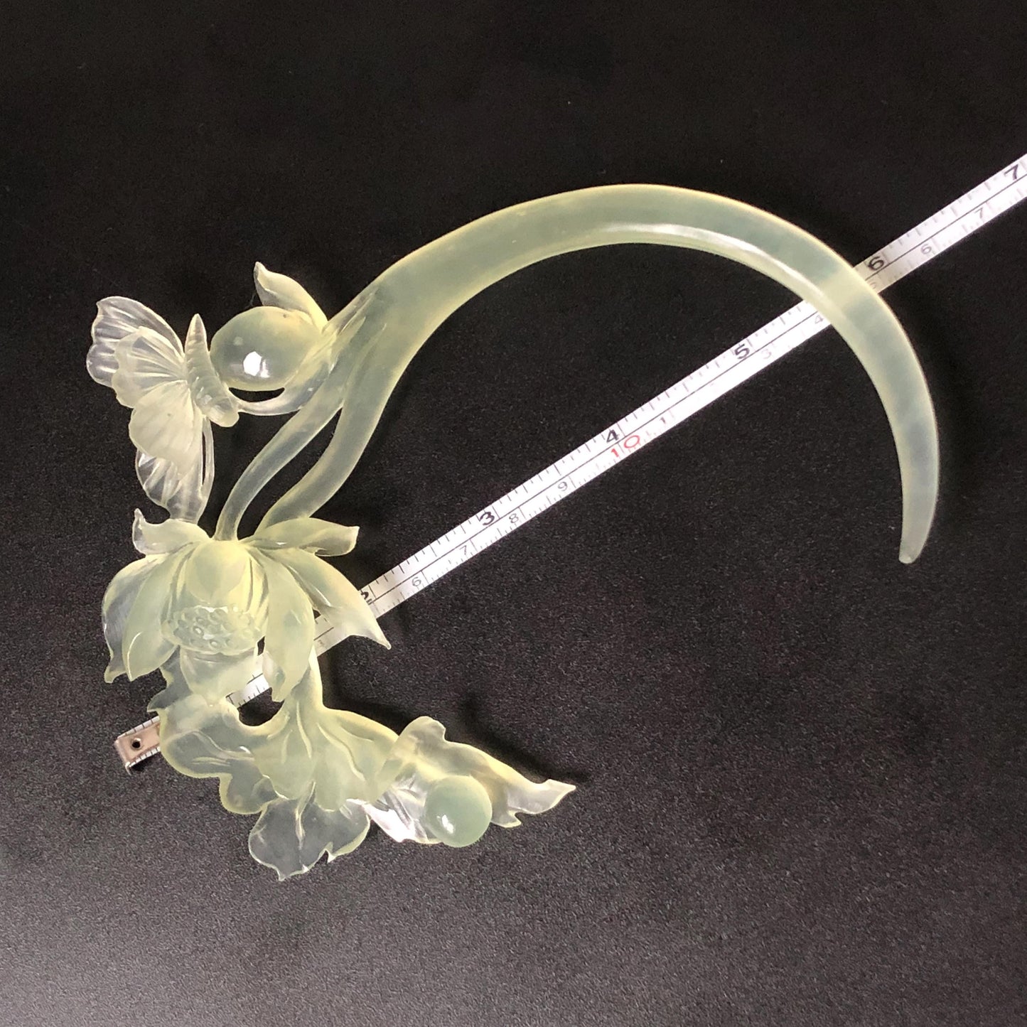 Natural Xiu Jade Serpentine Hand Carved Lotus & Butterfly Hair Pin | Certified Ice Green Crescent Moon Jade Hair Stick | Chinese Hanfu Hair Fork Vintage Bridal Hair Fork Gift for her japanese hairpin korean hair stick chinese hair fork vintage hair comb antique hair pins hanfu hair stick bridal shower hair jewelry wedding headpiece bridal shower gift engagement hair accessory jade carving hand engraved jade lotus carving jade hairpins untreated natural jade with certificate butterfly carving