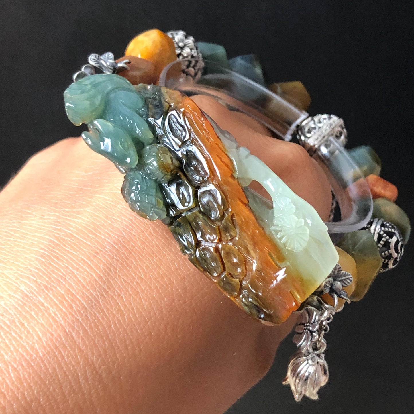 Natural Xiu Jade Serpentine Hand Carved Squirrel Charm with Irregular Bead Bracelet | Green Blue Brown White Jade | Vintage Tibetan Silver | Crystal Stone Gemstone Gift for her rabbit lover gift bunny lover gift customised bracelet hand engraved jade bracelet hand carved bracelet carved charm carved pendant rabbit carving bunny bracelet yellow jade green jade silver bracelet tailor made bracelet personalised bracelet diy bracelet natural untreated jade elastic stretch bracelet squirrel carving