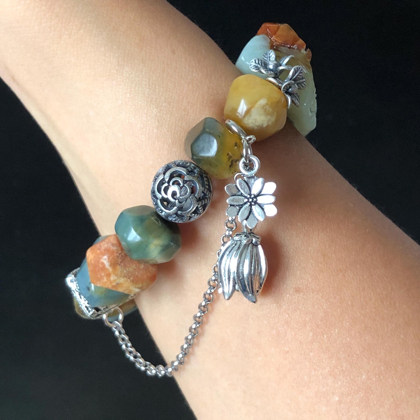 Natural Xiu Jade Serpentine Hand Carved Squirrel Charm with Irregular Bead Bracelet | Green Blue Brown White Jade | Vintage Tibetan Silver | Crystal Stone Gemstone Gift for her rabbit lover gift bunny lover gift customised bracelet hand engraved jade bracelet hand carved bracelet carved charm carved pendant rabbit carving bunny bracelet yellow jade green jade silver bracelet tailor made bracelet personalised bracelet diy bracelet natural untreated jade elastic stretch bracelet squirrel carving