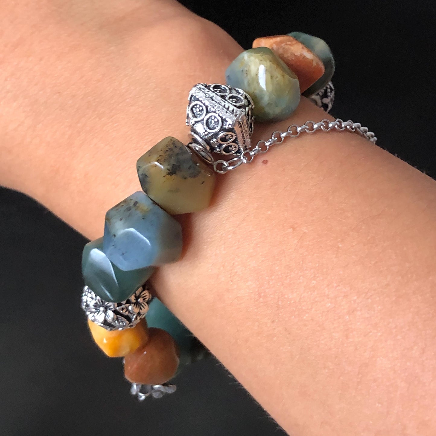 Natural Xiu Jade Serpentine Hand Carved Squirrel Charm with Irregular Bead Bracelet | Green Blue Brown White Jade | Vintage Tibetan Silver | Crystal Stone Gemstone Gift for her rabbit lover gift bunny lover gift customised bracelet hand engraved jade bracelet hand carved bracelet carved charm carved pendant rabbit carving bunny bracelet yellow jade green jade silver bracelet tailor made bracelet personalised bracelet diy bracelet natural untreated jade elastic stretch bracelet squirrel carving
