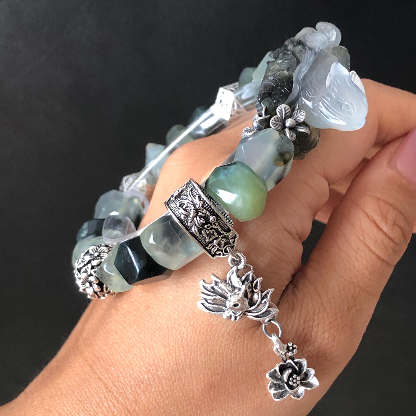 Natural Xiu Jade Serpentine Hand Carved Nine-tailed Fox & Flower with Irregular Bead Bracelet | Ice Black White Jade | Vintage Tibetan Silver | Gift for her bracelet jade carving hand engraved black jade white jade hand engraved jade bracelet hand carved jade charm hand engraved jade pendant irregular bead bracelet big beaded bracelet elastic stretch bracelet dangle bracelet silver accessory vintage bracelet antique bracelet green jade nine tail fox carving engraved fox