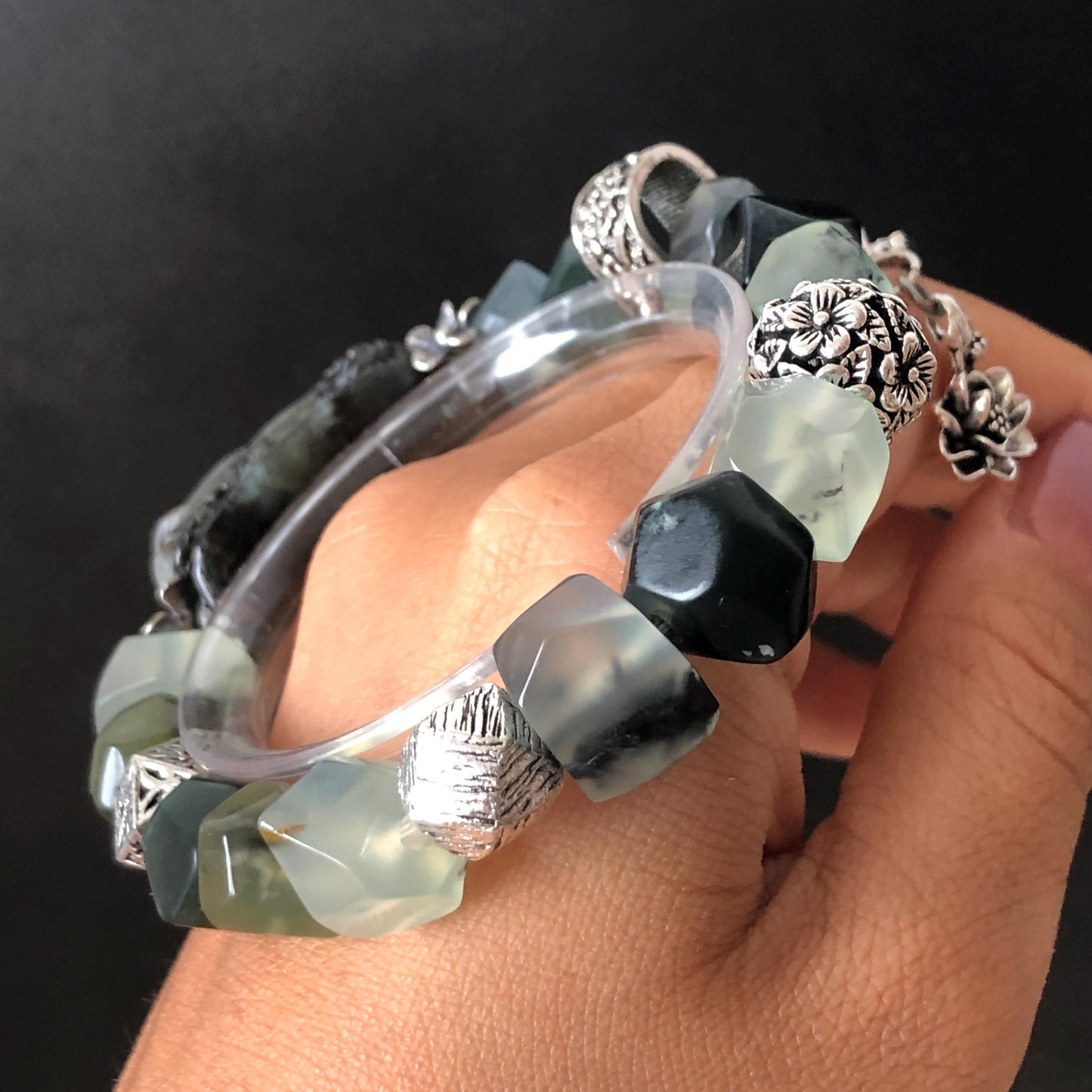 Natural Xiu Jade Serpentine Hand Carved Nine-tailed Fox & Flower with Irregular Bead Bracelet | Ice Black White Jade | Vintage Tibetan Silver | Gift for her bracelet jade carving hand engraved black jade white jade hand engraved jade bracelet hand carved jade charm hand engraved jade pendant irregular bead bracelet big beaded bracelet elastic stretch bracelet dangle bracelet silver accessory vintage bracelet antique bracelet green jade nine tail fox carving engraved fox