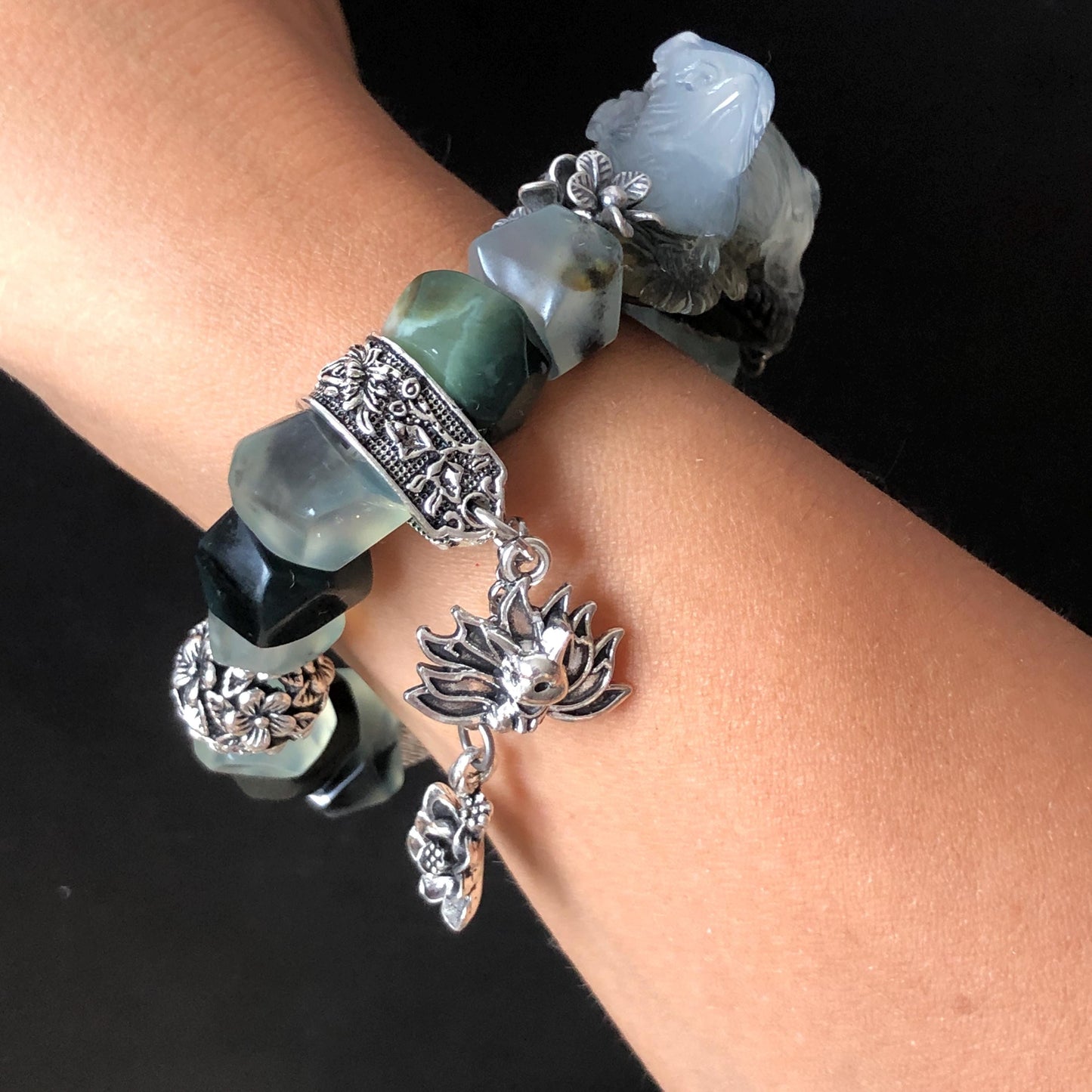 Natural Xiu Jade Serpentine Hand Carved Nine-tailed Fox & Flower with Irregular Bead Bracelet | Ice Black White Jade | Vintage Tibetan Silver | Gift for her bracelet jade carving hand engraved black jade white jade hand engraved jade bracelet hand carved jade charm hand engraved jade pendant irregular bead bracelet big beaded bracelet elastic stretch bracelet dangle bracelet silver accessory vintage bracelet antique bracelet green jade nine tail fox carving engraved fox