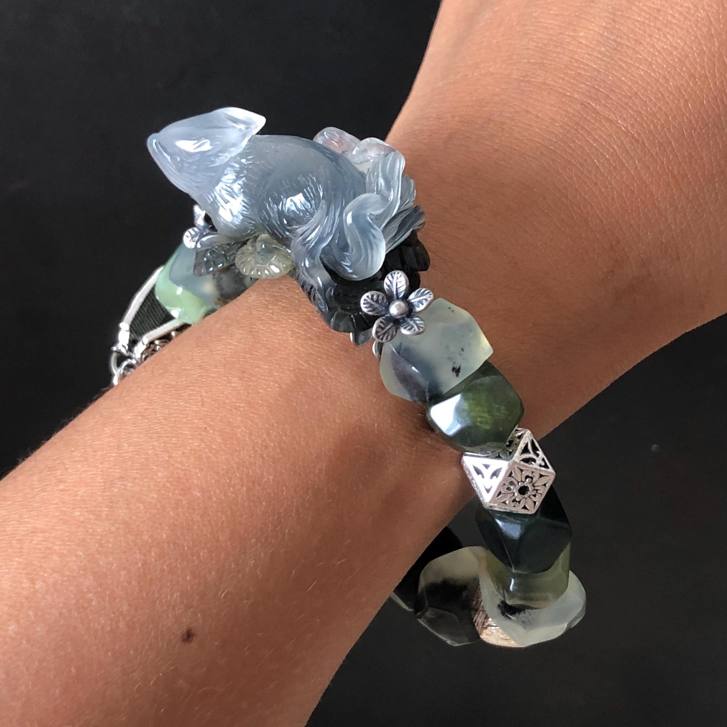 Natural Xiu Jade Serpentine Hand Carved Nine-tailed Fox & Flower with Irregular Bead Bracelet | Ice Black White Jade | Vintage Tibetan Silver | Gift for her bracelet jade carving hand engraved black jade white jade hand engraved jade bracelet hand carved jade charm hand engraved jade pendant irregular bead bracelet big beaded bracelet elastic stretch bracelet dangle bracelet silver accessory vintage bracelet antique bracelet green jade nine tail fox carving engraved fox