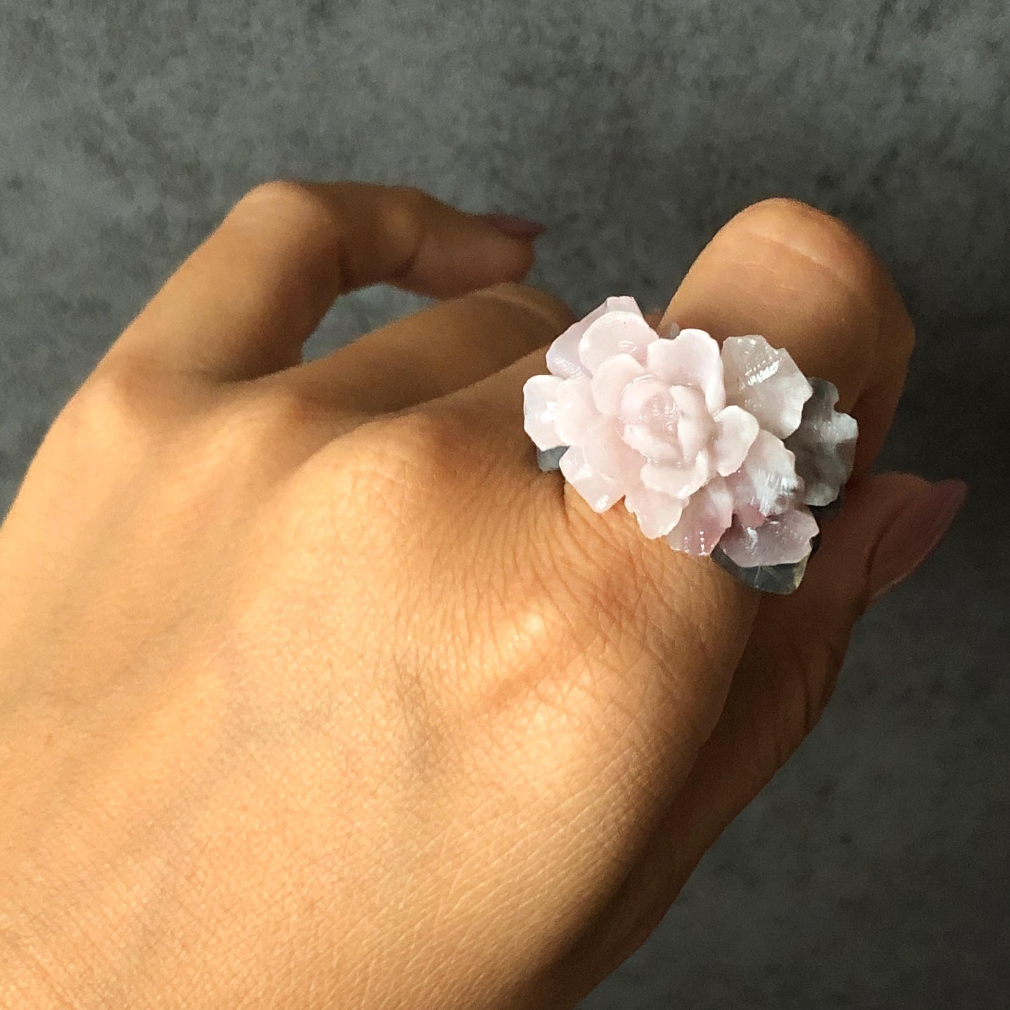 Natural Xiu Jade Serpentine Hand Carved Pink Peony Flower Statement Ring | 17.3mm (US7) | Gray Black & Pink Jade Ring Pendant | 3D Stone Carving | Crystal Gemstone Gift Pendant Ring 3D stone carving black jade carving pink jade carbonate jade ring hand carved jade band ring flower carving Peony carving natural jade band ring cocktail ring gift for her