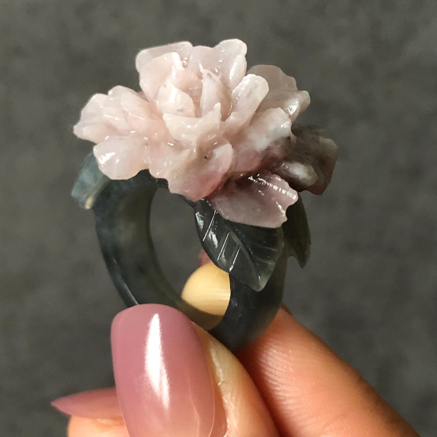 Natural Xiu Jade Serpentine Hand Carved Pink Peony Flower Statement Ring | 17.3mm (US7) | Gray Black & Pink Jade Ring Pendant | 3D Stone Carving | Crystal Gemstone Gift Pendant Ring 3D stone carving black jade carving pink jade carbonate jade ring hand carved jade band ring flower carving Peony carving natural jade band ring cocktail ring gift for her