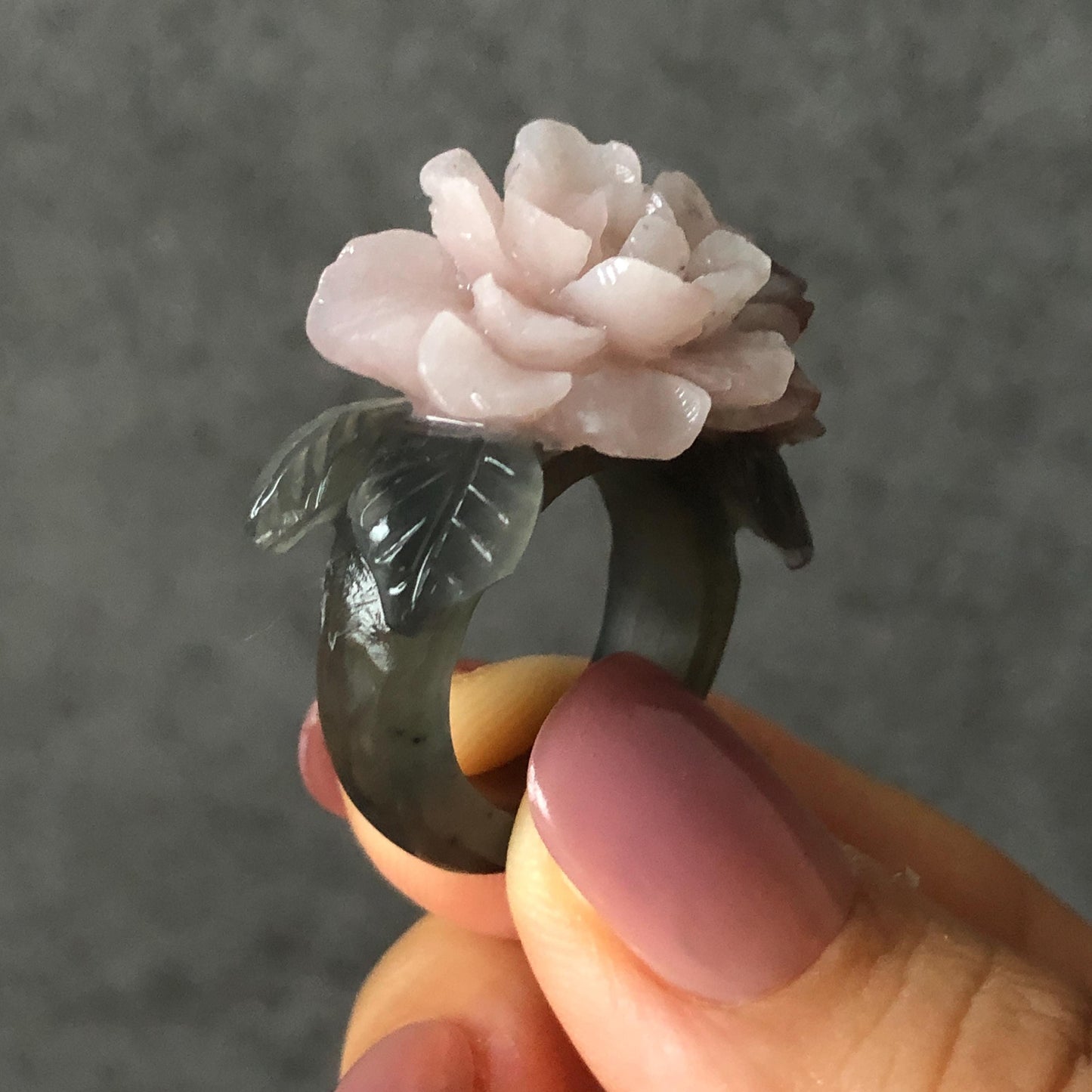 Natural Xiu Jade Serpentine Hand Carved Pink Peony Flower Statement Ring | 17.3mm (US7) | Gray Black & Pink Jade Ring Pendant | 3D Stone Carving | Crystal Gemstone Gift Pendant Ring 3D stone carving black jade carving pink jade carbonate jade ring hand carved jade band ring flower carving Peony carving natural jade band ring cocktail ring gift for her