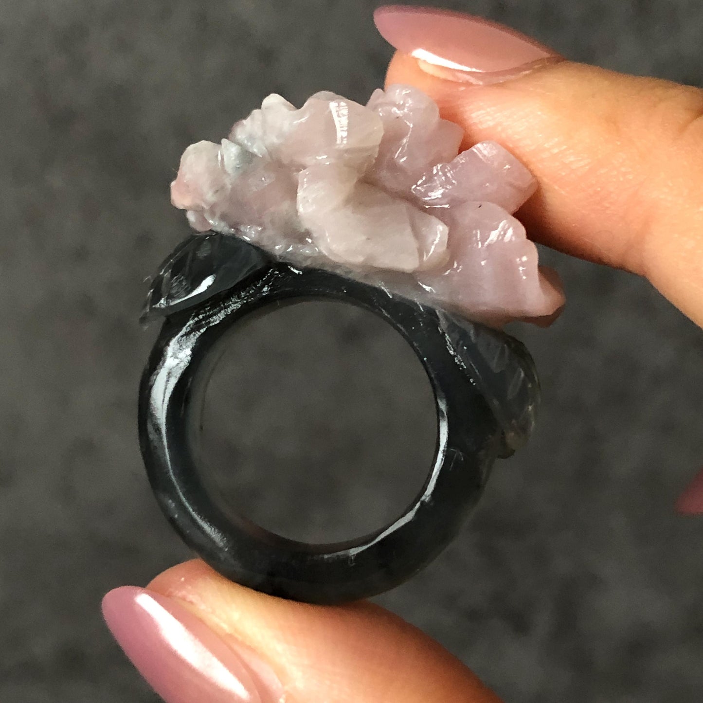 Natural Xiu Jade Serpentine Hand Carved Pink Peony Flower Statement Ring | 17.3mm (US7) | Gray Black & Pink Jade Ring Pendant | 3D Stone Carving | Crystal Gemstone Gift Pendant Ring 3D stone carving black jade carving pink jade carbonate jade ring hand carved jade band ring flower carving Peony carving natural jade band ring cocktail ring gift for her
