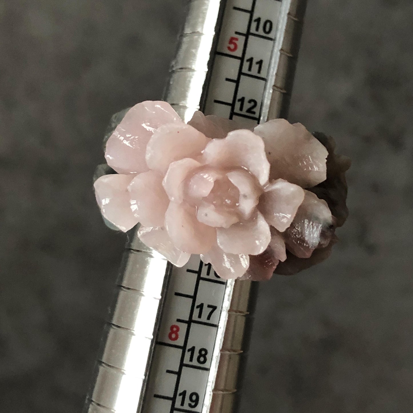 Natural Xiu Jade Serpentine Hand Carved Pink Peony Flower Statement Ring | 17.3mm (US7) | Gray Black & Pink Jade Ring Pendant | 3D Stone Carving | Crystal Gemstone Gift Pendant Ring 3D stone carving black jade carving pink jade carbonate jade ring hand carved jade band ring flower carving Peony carving natural jade band ring cocktail ring gift for her