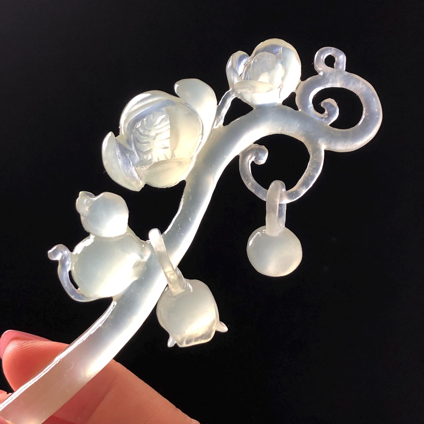 Xiu Jade Serpentine Hand Carved Cat & Flower Hair Pin with Dangle | Natural Certified Ice White Jade Hair Stick | Asian Chinese Vintage Hair Fork gift for her hand engraved white jade carving koren hair stick japanese hair pin hanfu hair comb chinese hair clip hand engraved kitten carving hand carved cat carving carved dangle hair stick icy chinese jade vinatge hair stick chinese hair stick antique hairpins natural untreated jade with certificate stone carving hair jewelry cat lover gift