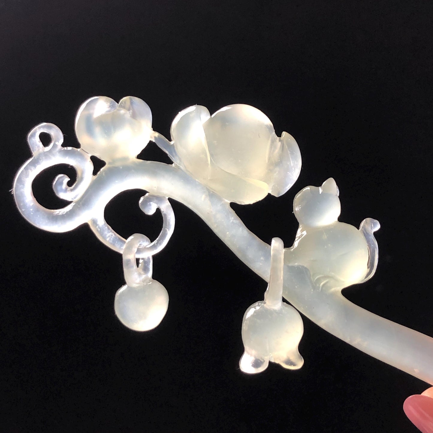 Xiu Jade Serpentine Hand Carved Cat & Flower Hair Pin with Dangle | Natural Certified Ice White Jade Hair Stick | Asian Chinese Vintage Hair Fork gift for her hand engraved white jade carving koren hair stick japanese hair pin hanfu hair comb chinese hair clip hand engraved kitten carving hand carved cat carving carved dangle hair stick icy chinese jade vinatge hair stick chinese hair stick antique hairpins natural untreated jade with certificate stone carving hair jewelry cat lover gift
