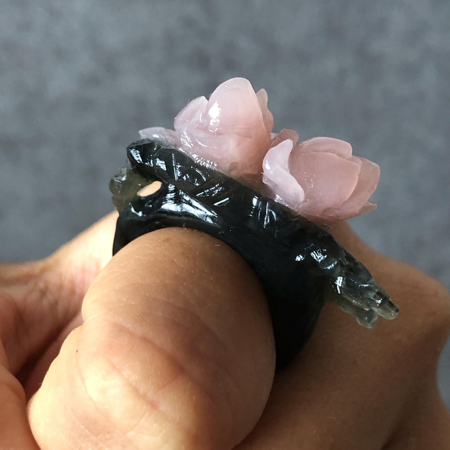 Xiu Jade Serpentine Hand Carved Pink Yulan Flower Statement Ring | 17.4mm (US7) | Gray Black & Pink Jade Ring Pendant | 3D Stone Carving | Crystal Gemstone Gift Pendant Ring 3D stone carving black jade carving pink jade carbonate jade ring hand carved jade band ring flower carving Yulan carving natural jade band ring cocktail ring gift for her