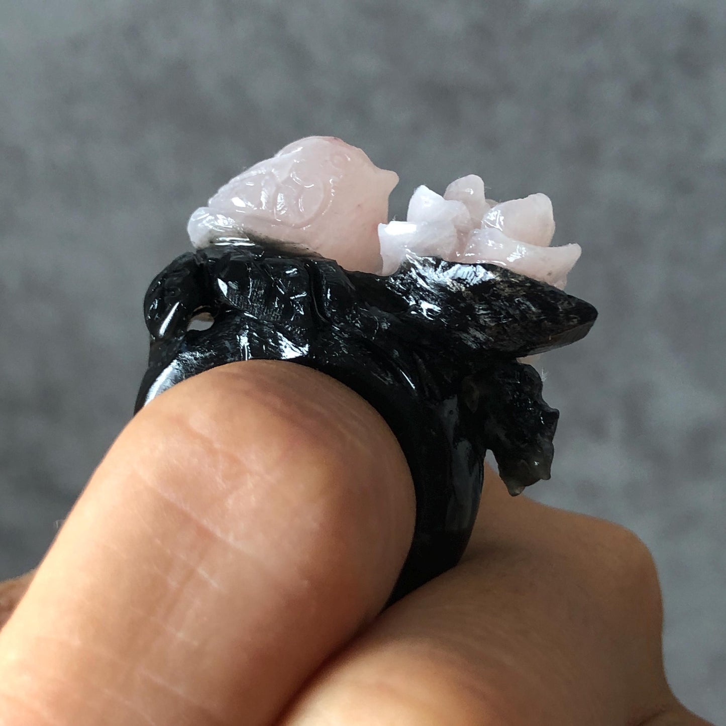 Natural Xiu Jade Serpentine Hand Carved Bird and Flower Statement Ring | 16.5mm (US 6) | Gray Black & Pink Jade Ring Pendant | 3D Stone Carving | Crystal Gemstone Gift black jade carving pink jade carbonate jade ring hand carved jade band ring bird carving flower carving plum blossom natural jade band ring cocktail ring gift for her
