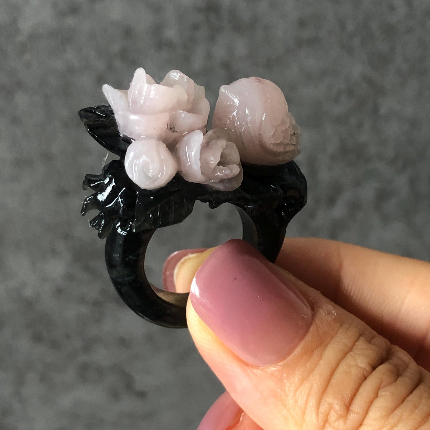 Natural Xiu Jade Serpentine Hand Carved Bird and Flower Statement Ring | 16.5mm (US 6) | Gray Black & Pink Jade Ring Pendant | 3D Stone Carving | Crystal Gemstone Gift black jade carving pink jade carbonate jade ring hand carved jade band ring bird carving flower carving plum blossom natural jade band ring cocktail ring gift for her