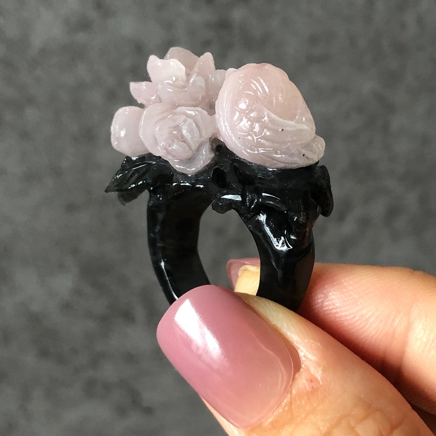 Natural Xiu Jade Serpentine Hand Carved Bird and Flower Statement Ring | 16.5mm (US 6) | Gray Black & Pink Jade Ring Pendant | 3D Stone Carving | Crystal Gemstone Gift black jade carving pink jade carbonate jade ring hand carved jade band ring bird carving flower carving plum blossom natural jade band ring cocktail ring gift for her