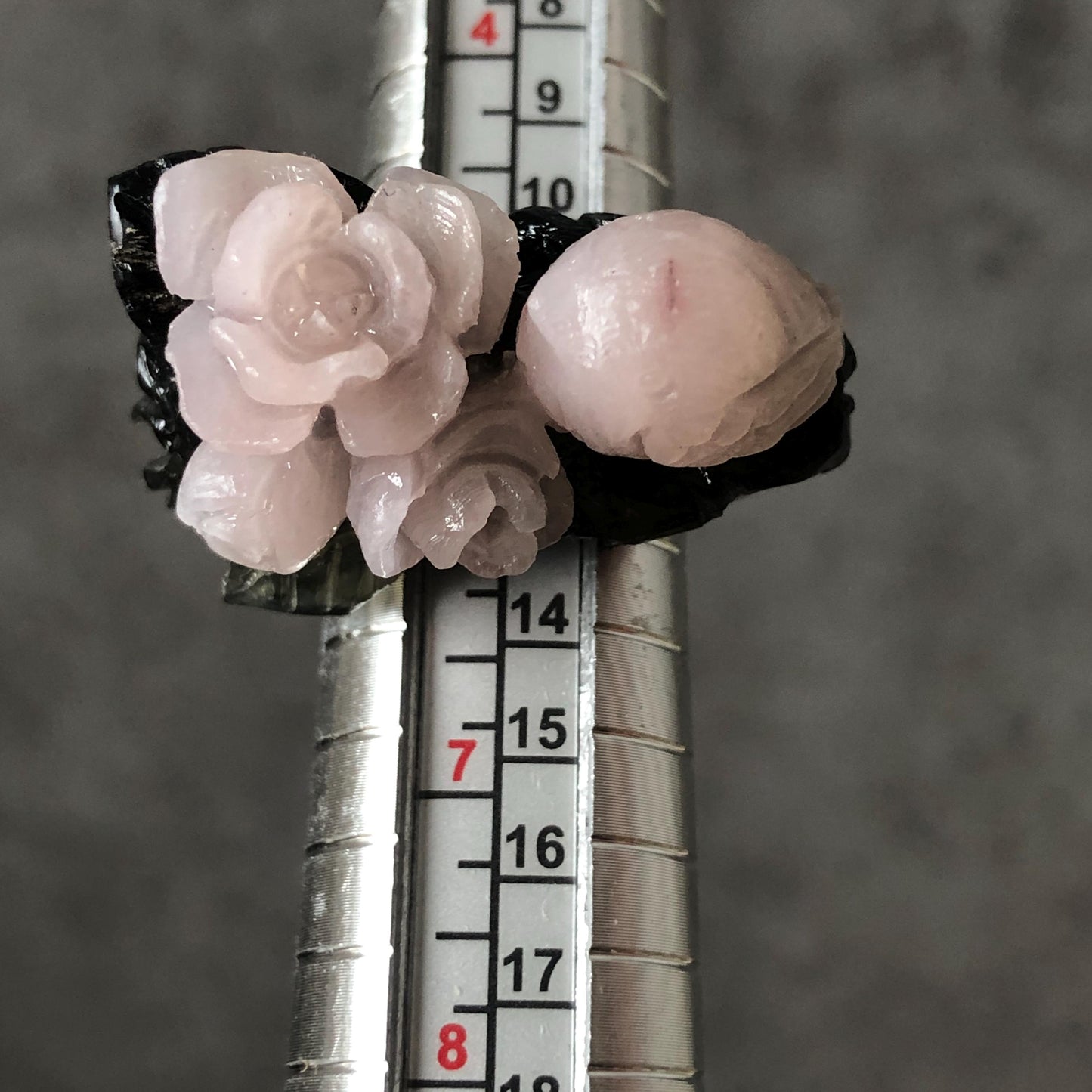 Natural Xiu Jade Serpentine Hand Carved Bird and Flower Statement Ring | 16.5mm (US 6) | Gray Black & Pink Jade Ring Pendant | 3D Stone Carving | Crystal Gemstone Gift black jade carving pink jade carbonate jade ring hand carved jade band ring bird carving flower carving plum blossom natural jade band ring cocktail ring gift for her