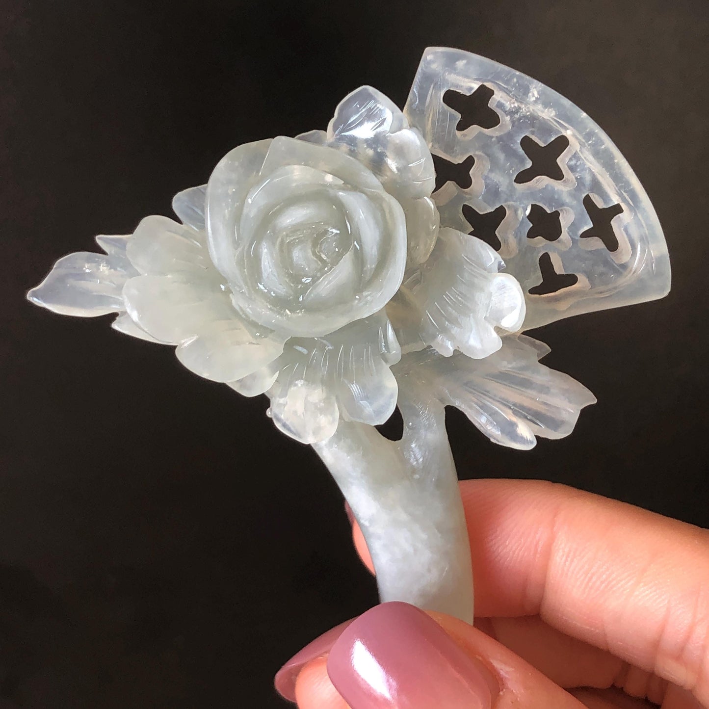 Xiu Jade Serpentine Hand Carved Grey Camellia Flower Crescent Moon Hair Pin | Certified Natural Gray Jade Hair Stick | Chinese Vintage Hair Fork | Chinese Hanfu Hair Fork Vintage Bridal Hair Fork Gift for her japanese hairpin korean hair stick chinese hair fork vintage hair comb antique hair pins hanfu hair stick bridal shower hair jewelry engagement hair accessory jade carving hand engraved jade lotus carving jade hairpins untreated natural jade with certificate handcrafted jade stone carving