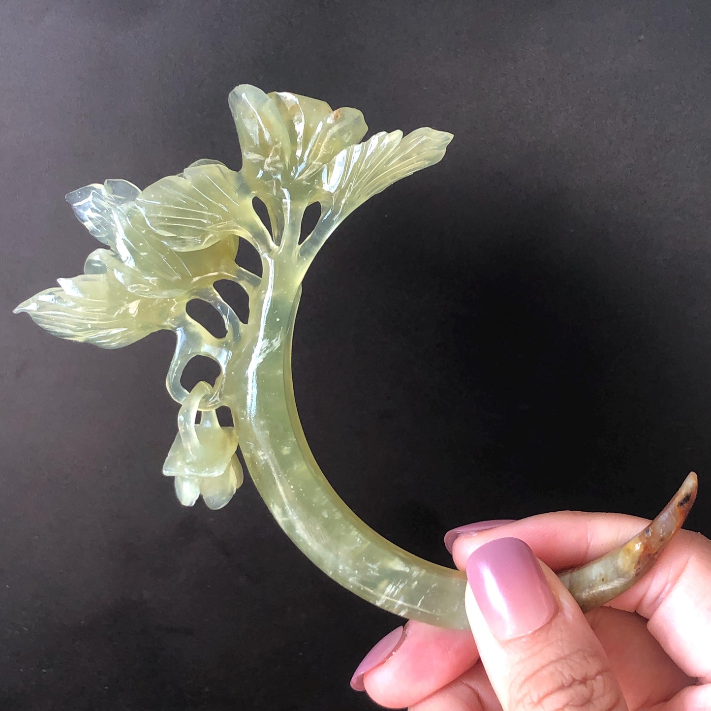 Xiu Jade Serpentine Rose Hair Stick with Dangle | Ice Yellow Jade Hand Carved Half Moon Hair Pin | Vintage Chinese Hair Fork with Certificate | Chinese Hanfu Hair Fork Vintage Bridal Hair Fork Gift for her japanese hairpin korean hair stick chinese hair fork vintage hair comb antique hair pins hanfu hair stick bridal shower hair jewelry engagement hair accessory jade carving hand engraved jade rose carving jade hairpins untreated natural jade with certificate handcrafted jade stone carving