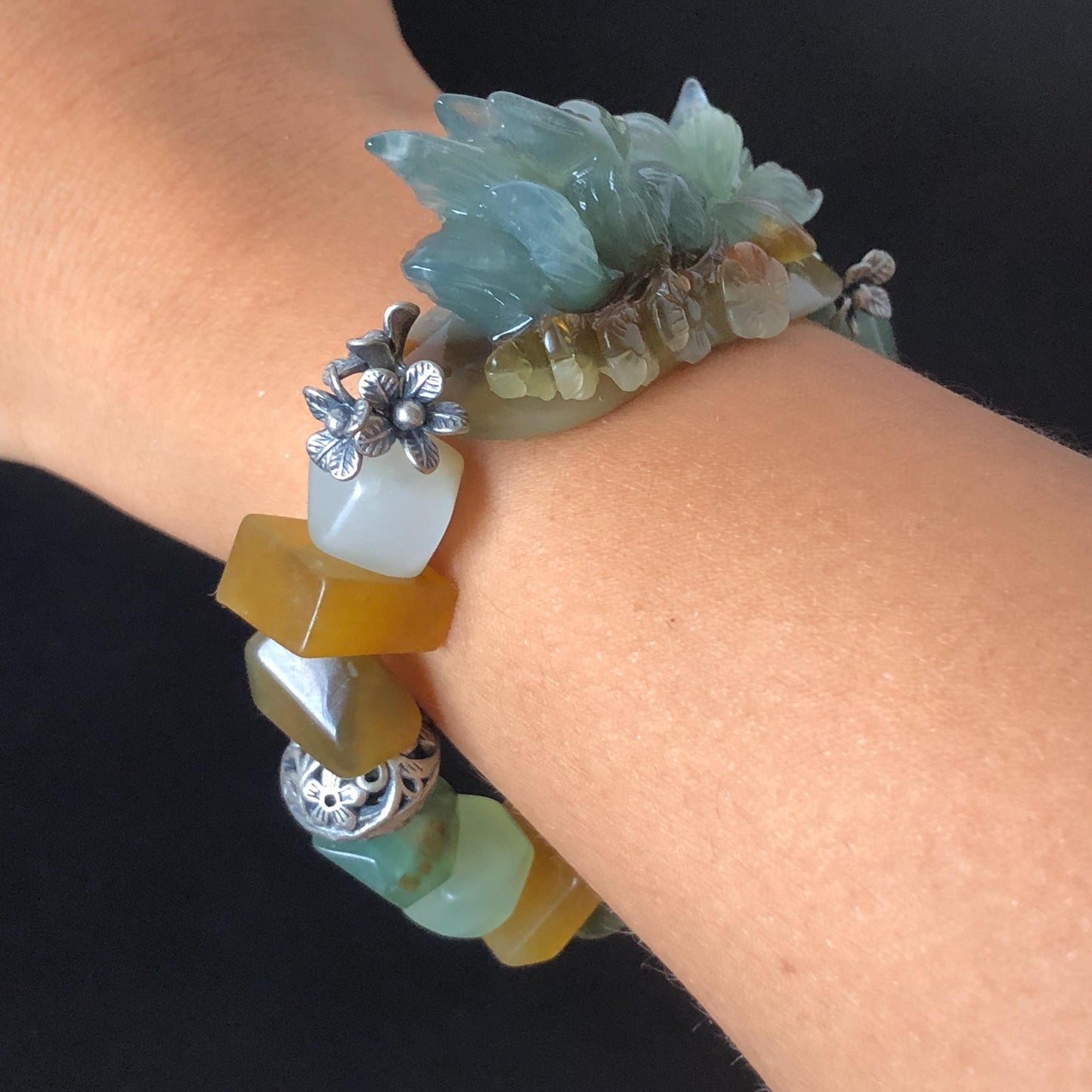 Natural Xiu Jade Serpentine Hand Carved Nine-tailed Fox Charm & Flower with Irregular Bead Bracelet | Green Blue Brown White Jade | Vintage Tibetan Silver Accessory| Gift for her bracelet jade carving hand engraved green jade blue jade brown jade white jade hand engraved jade bracelet hand carved jade charm hand engraved jade pendant irregular bead bracelet elastic stretch bracelet dangle bracelet silver accessory vintage bracelet antique bracelet green jade nine tail fox carving engraved fox