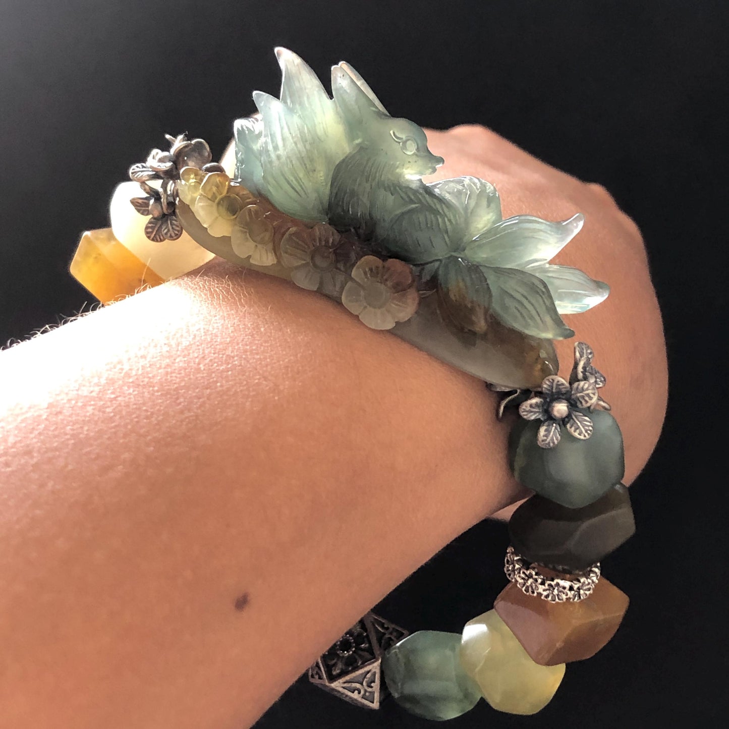 Natural Xiu Jade Serpentine Hand Carved Nine-tailed Fox Charm & Flower with Irregular Bead Bracelet | Green Blue Brown White Jade | Vintage Tibetan Silver Accessory| Gift for her bracelet jade carving hand engraved green jade blue jade brown jade white jade hand engraved jade bracelet hand carved jade charm hand engraved jade pendant irregular bead bracelet elastic stretch bracelet dangle bracelet silver accessory vintage bracelet antique bracelet green jade nine tail fox carving engraved fox