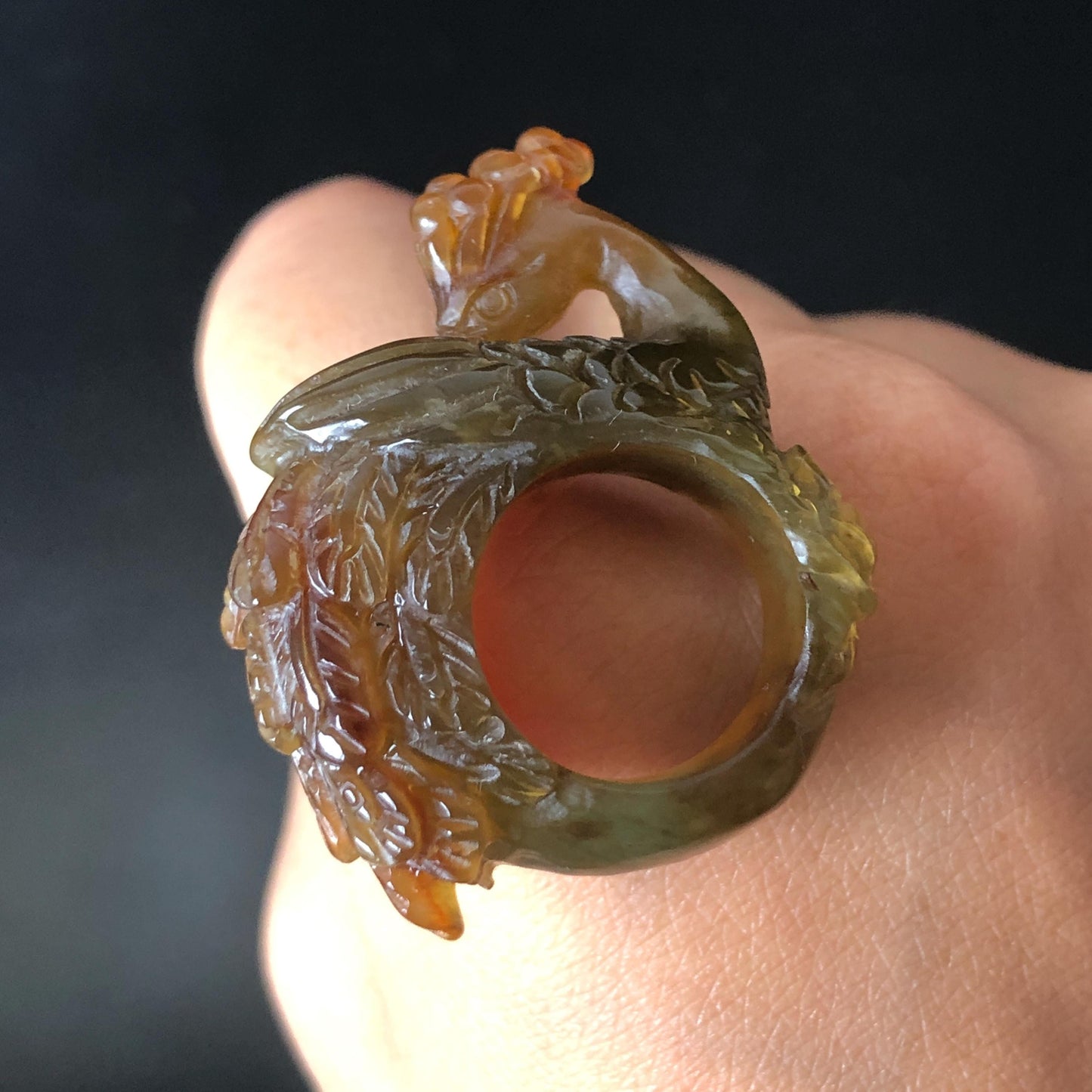 Natural Xiu Jade (Serpentine) Hand Carved Peacock Ring | 16mm (US 5.25) Green & Yellow Jade Ring Pendant | Handcraft Gemstone Crystal Stone 3D Pinky Ring gift for her yellow jade carving green jade nine tail fox carving hand engraved statement ring peony carving hand carved flower carving peacock carving natural untreated jade