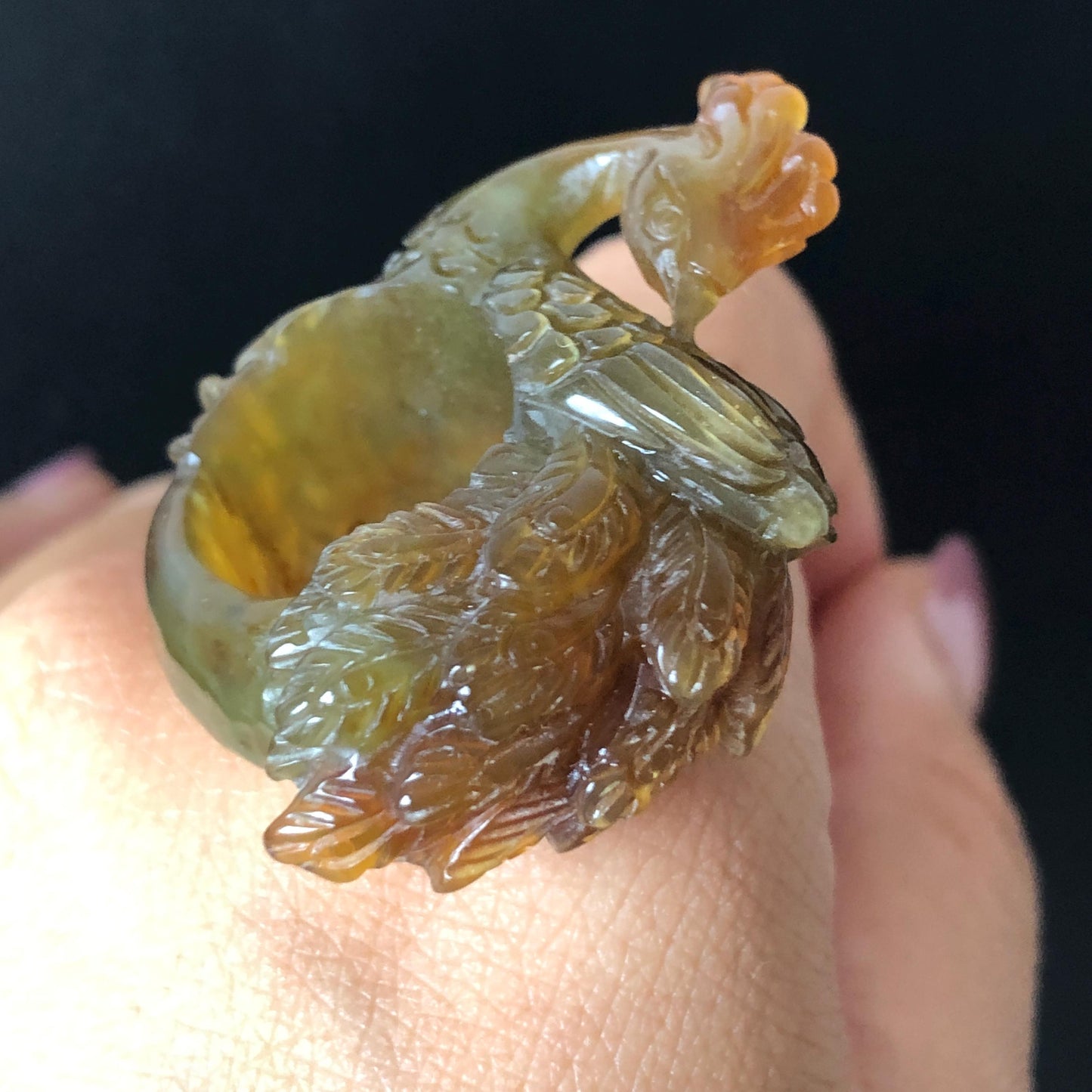 Natural Xiu Jade (Serpentine) Hand Carved Peacock Ring | 16mm (US 5.25) Green & Yellow Jade Ring Pendant | Handcraft Gemstone Crystal Stone 3D Pinky Ring gift for her yellow jade carving green jade nine tail fox carving hand engraved statement ring peony carving hand carved flower carving peacock carving natural untreated jade
